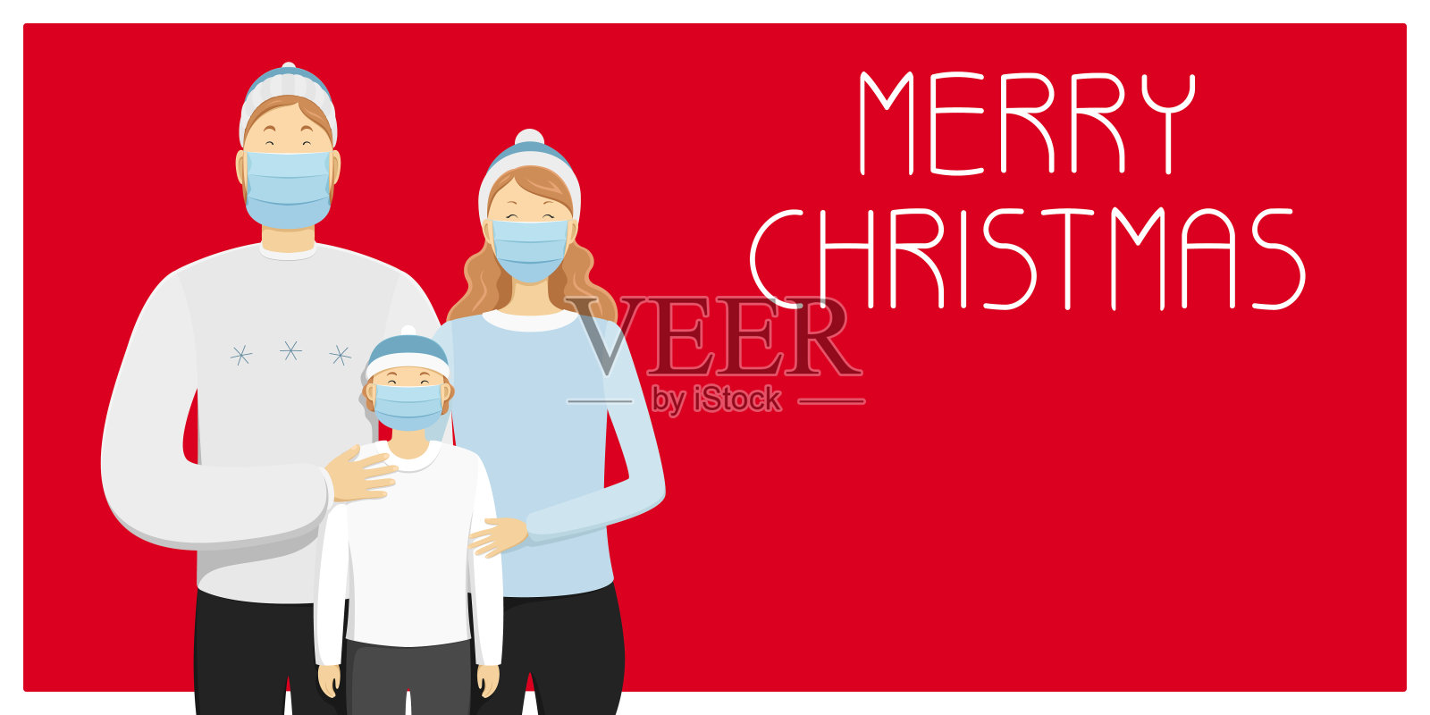 圣诞快乐卡。家人戴着医用口罩。矢量图插画图片素材