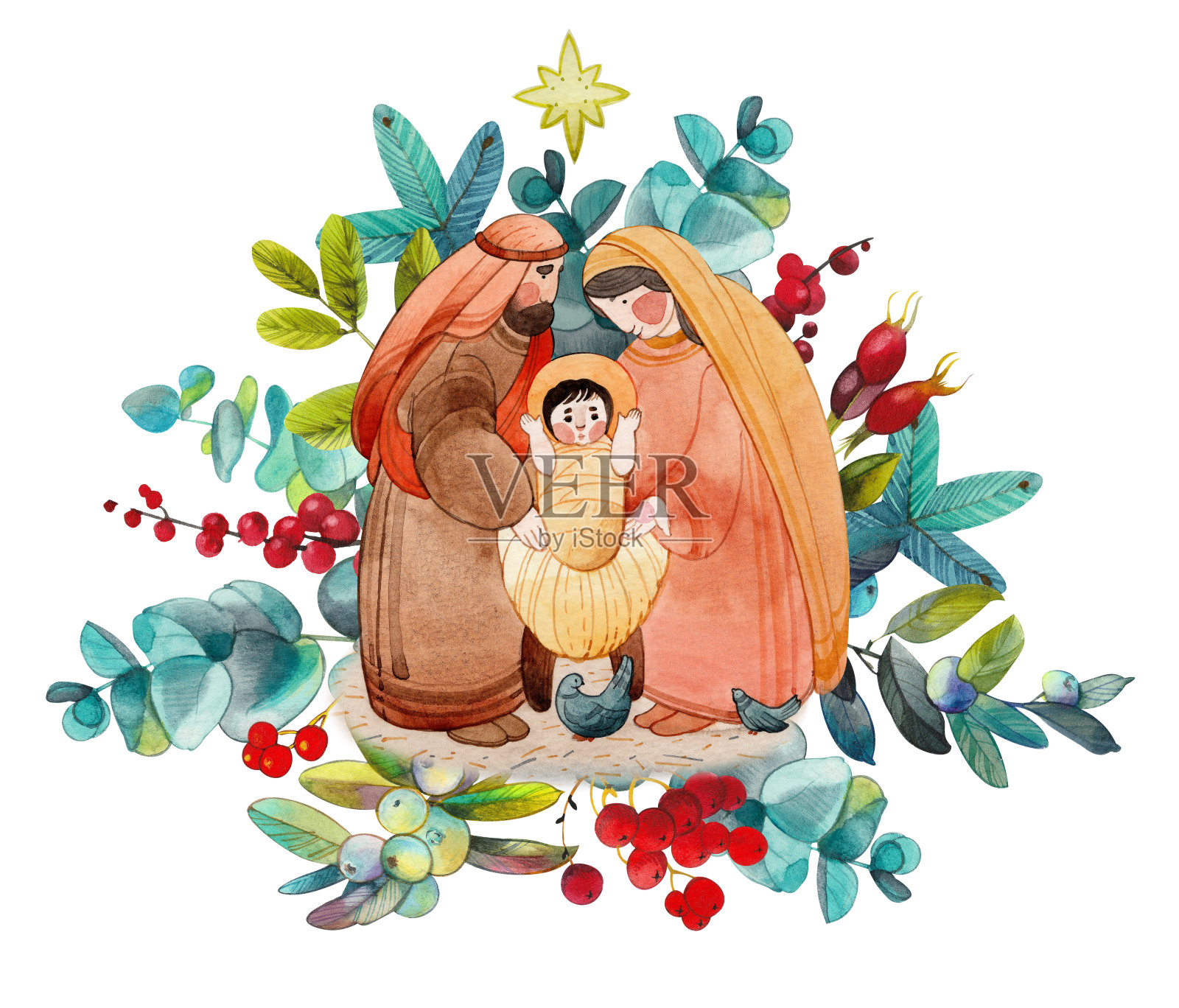 基督教圣诞节手绘水彩画插图“耶稣诞生场景”:玛丽，约瑟夫，婴儿耶稣基督在马槽和伯利恒的星星在花卉框。圣诞节的问候，出版物插画图片素材