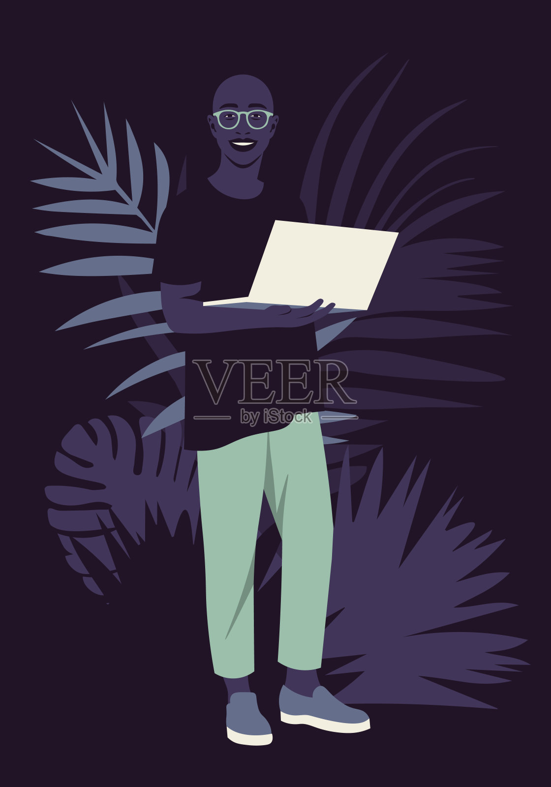一个拿着笔记本电脑的快乐非洲人的肖像。那家伙站得很高。插画图片素材