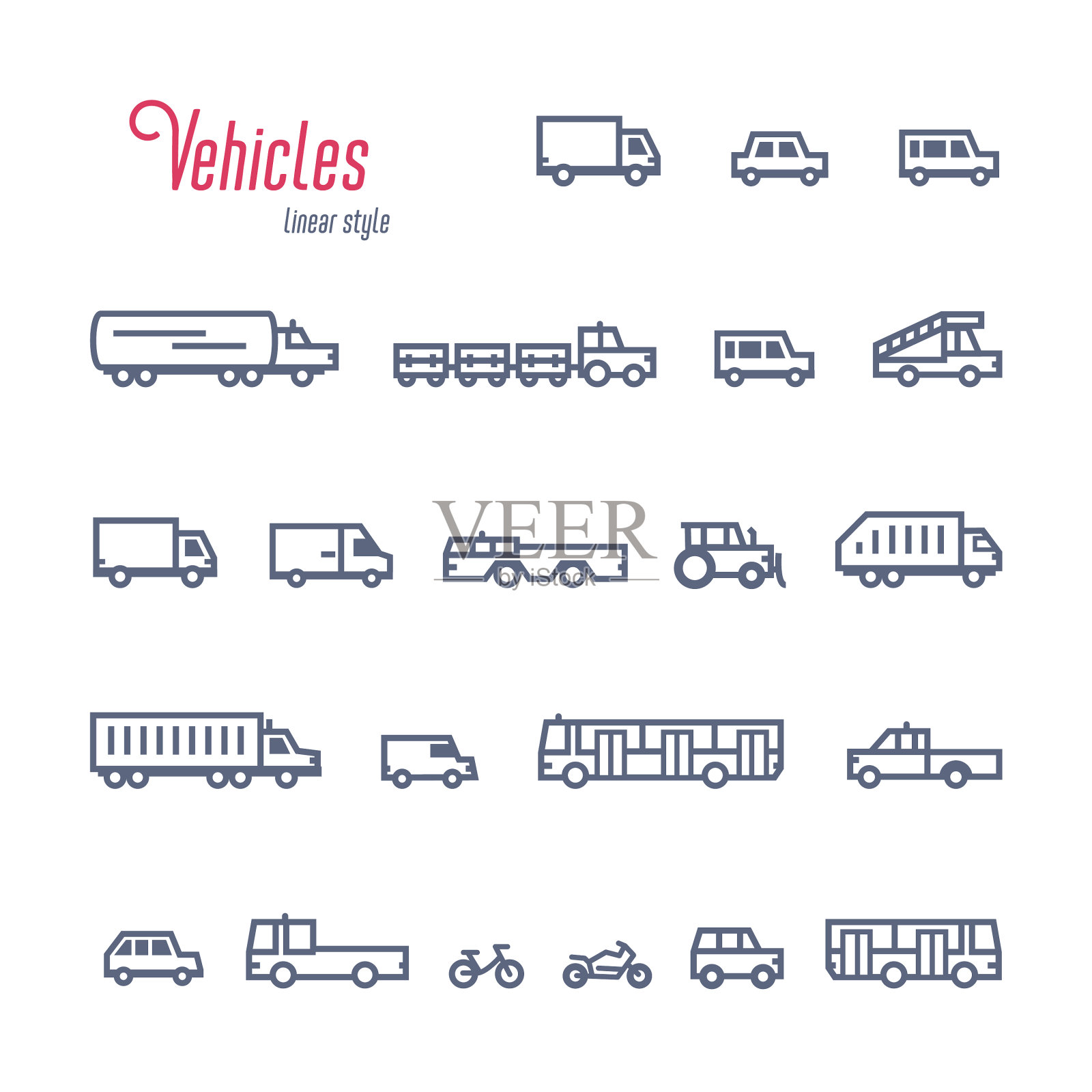线性汽车图标设置了各种类型的汽车和图标素材