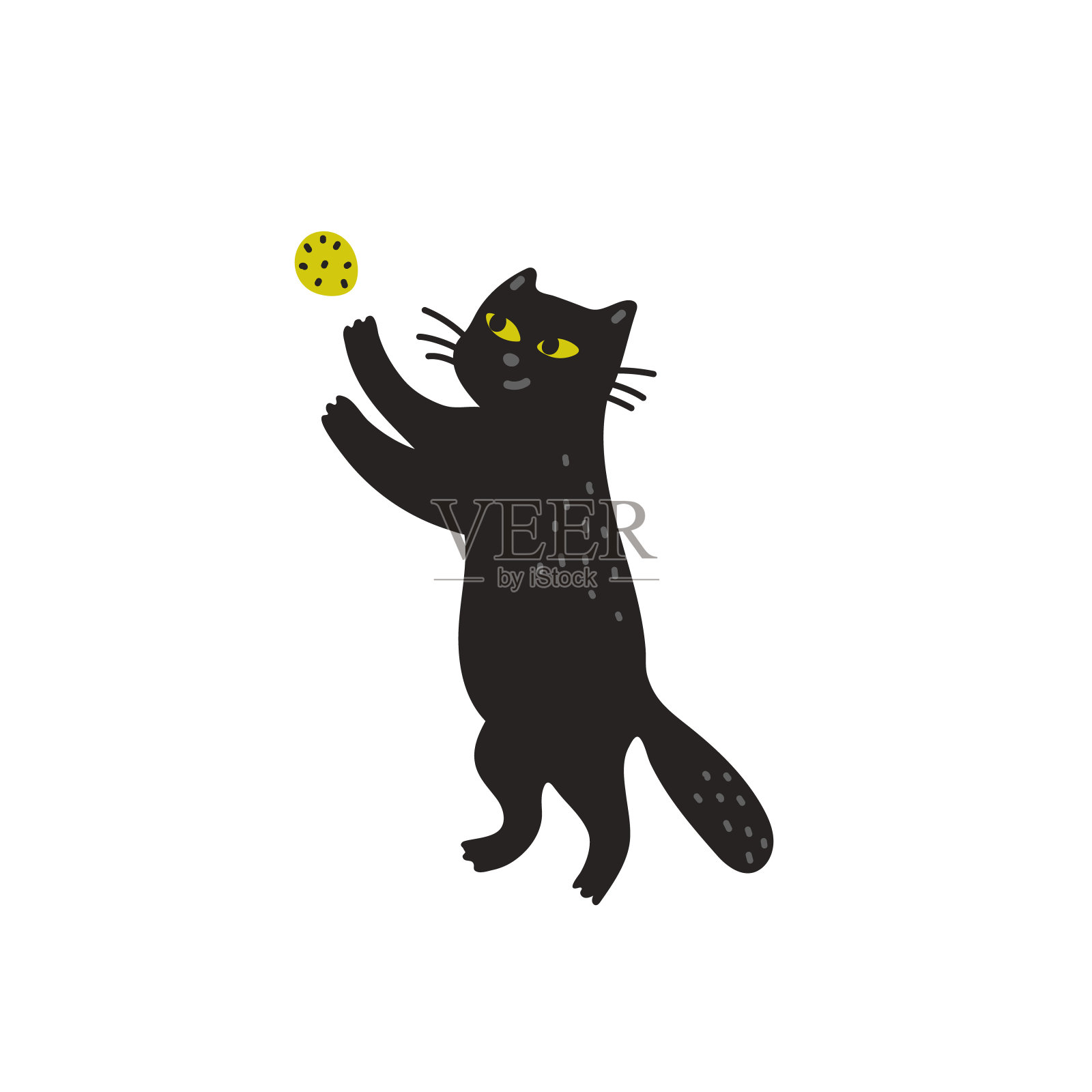 黑猫矢量插图，可爱的小猫玩球。矢量插图在平面卡通风格的白色背景插画图片素材