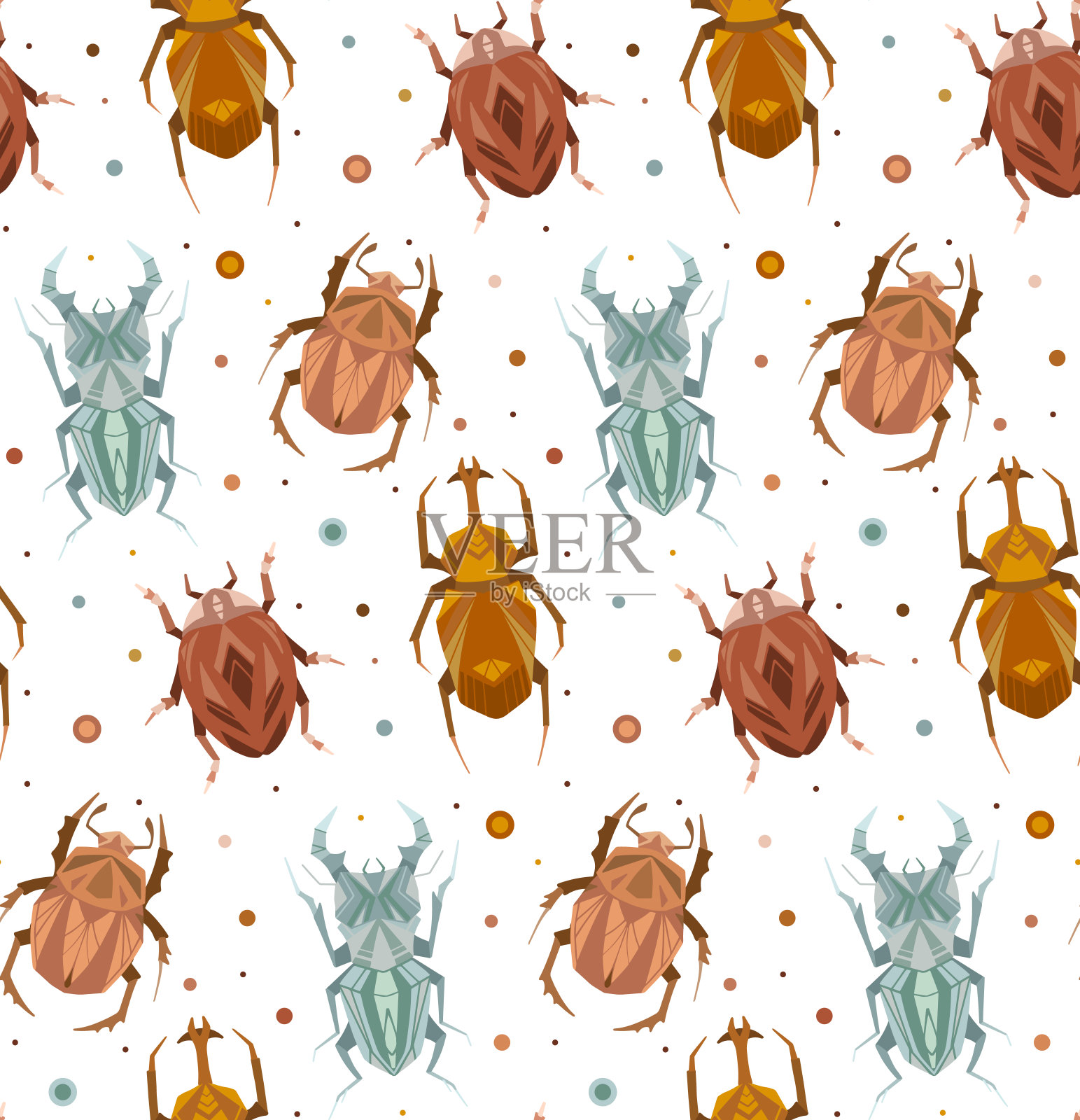 无缝图案几何昆虫和波尔卡上的白色背景。矢量纹理与雄甲虫，飞行的蚂蚁，瓢虫在复古的颜色。设计元素图片