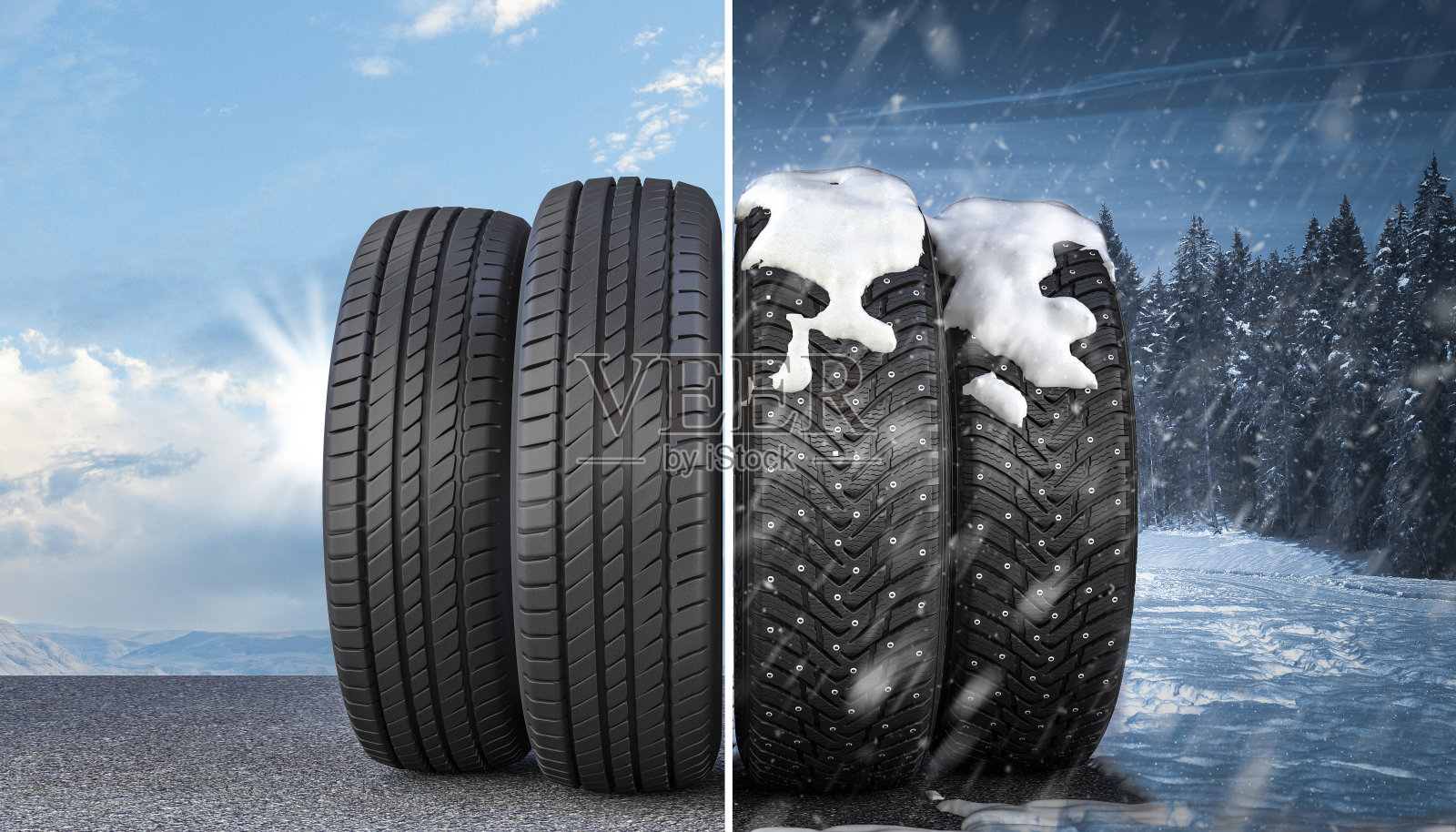 夏天和冬天的汽车轮胎。照片摄影图片