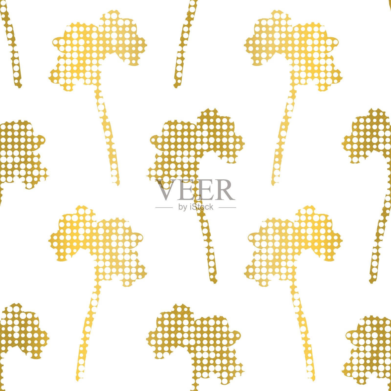 金色桦树的轮廓与波尔卡点。白色背景上的抽象装饰无缝矢量图案。设计元素图片