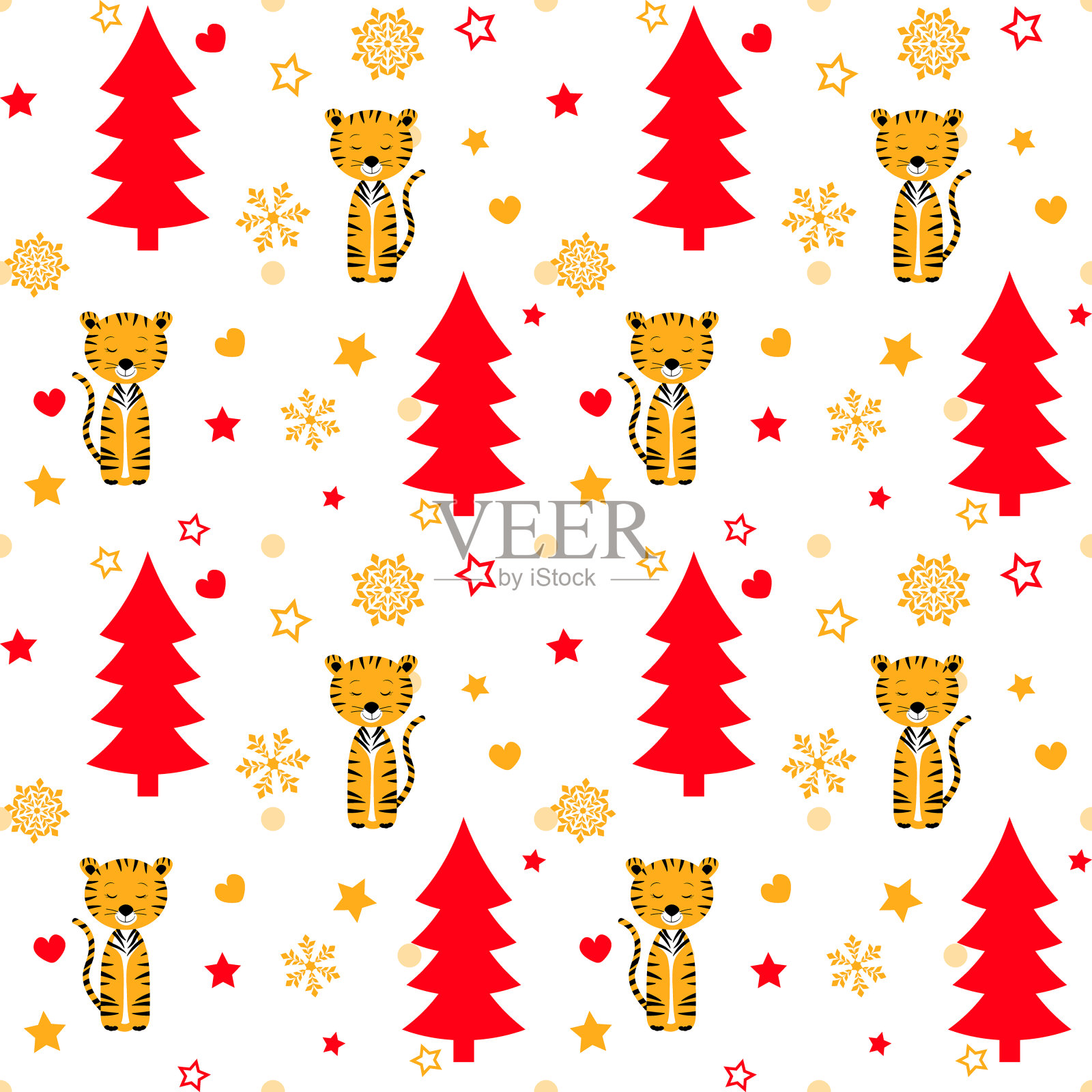 无缝矢量模式与橙色条纹老虎和红色圣诞树，雪花，心，星星在白色的背景。插画图片素材