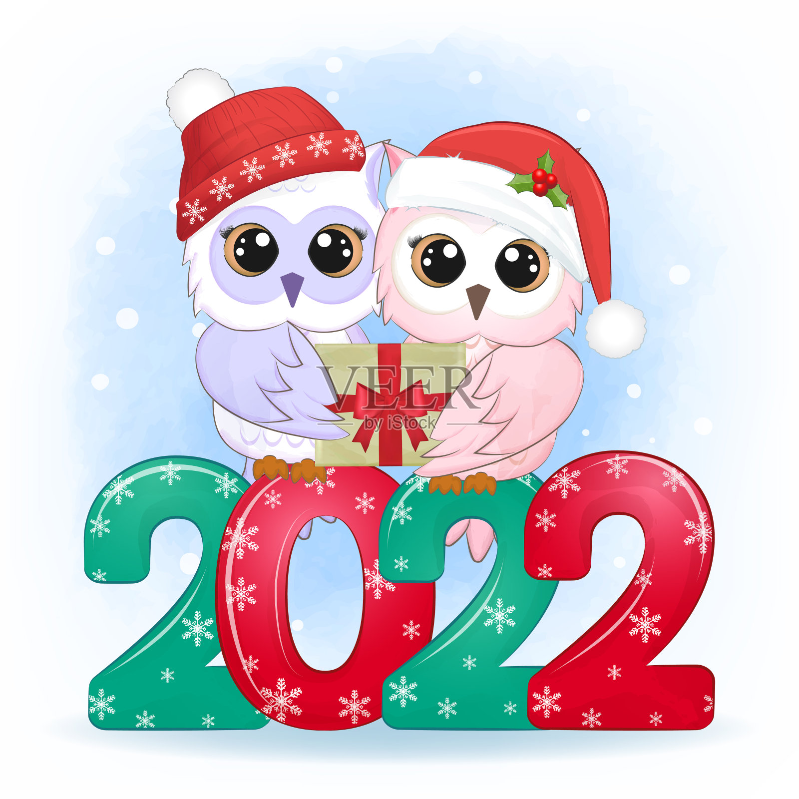 可爱的情侣猫头鹰和礼盒，2022年圣诞节，新年插图。插画图片素材