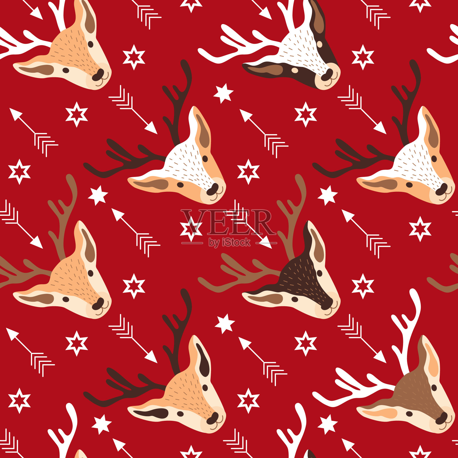 圣诞图案与驯鹿头和装饰品的红色背景。矢量图插画图片素材