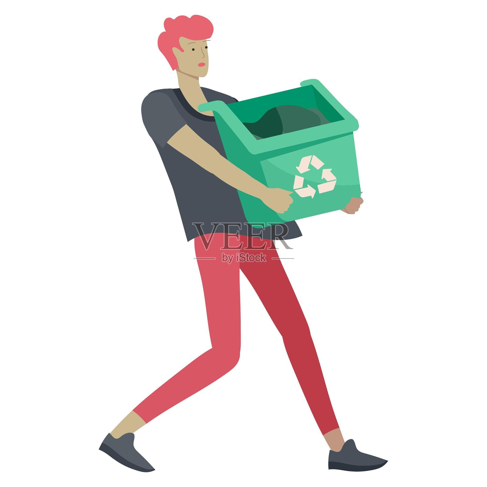 手绘人物丢垃圾可回收垃圾分类环保设计元素图片
