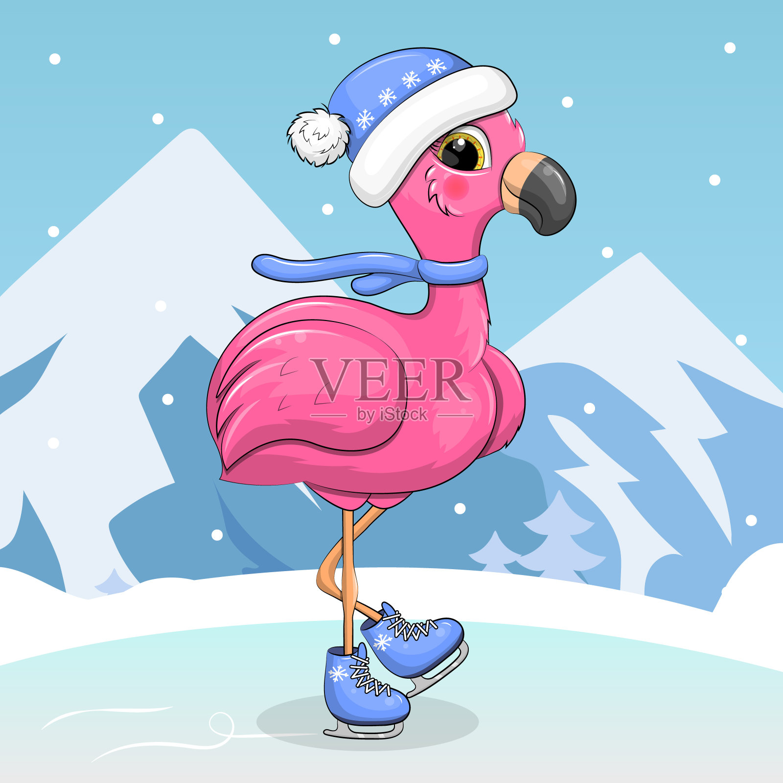 可爱的卡通火烈鸟戴着蓝色的帽子和围巾溜冰。插画图片素材