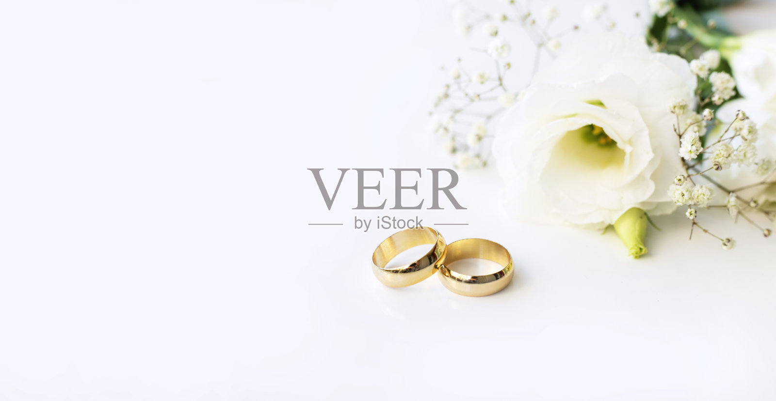 白色的花和两枚白色背景上的金婚戒。照片摄影图片