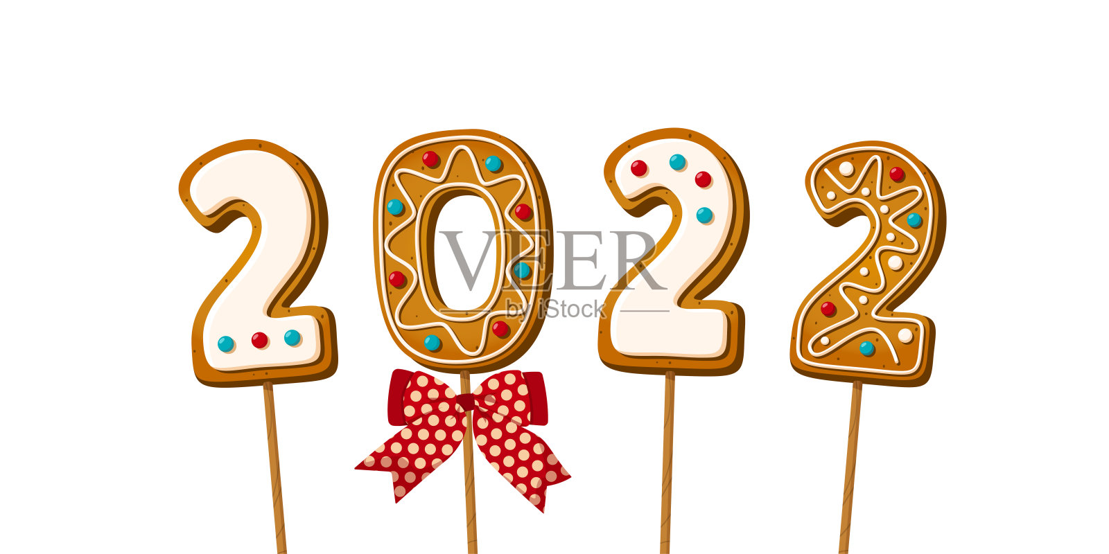 姜饼饼干上的数字和短语2022卡通风格。甜蜜的饼干在新年寄语与红色的蝴蝶结孤立在白色的背景。矢量图插画图片素材