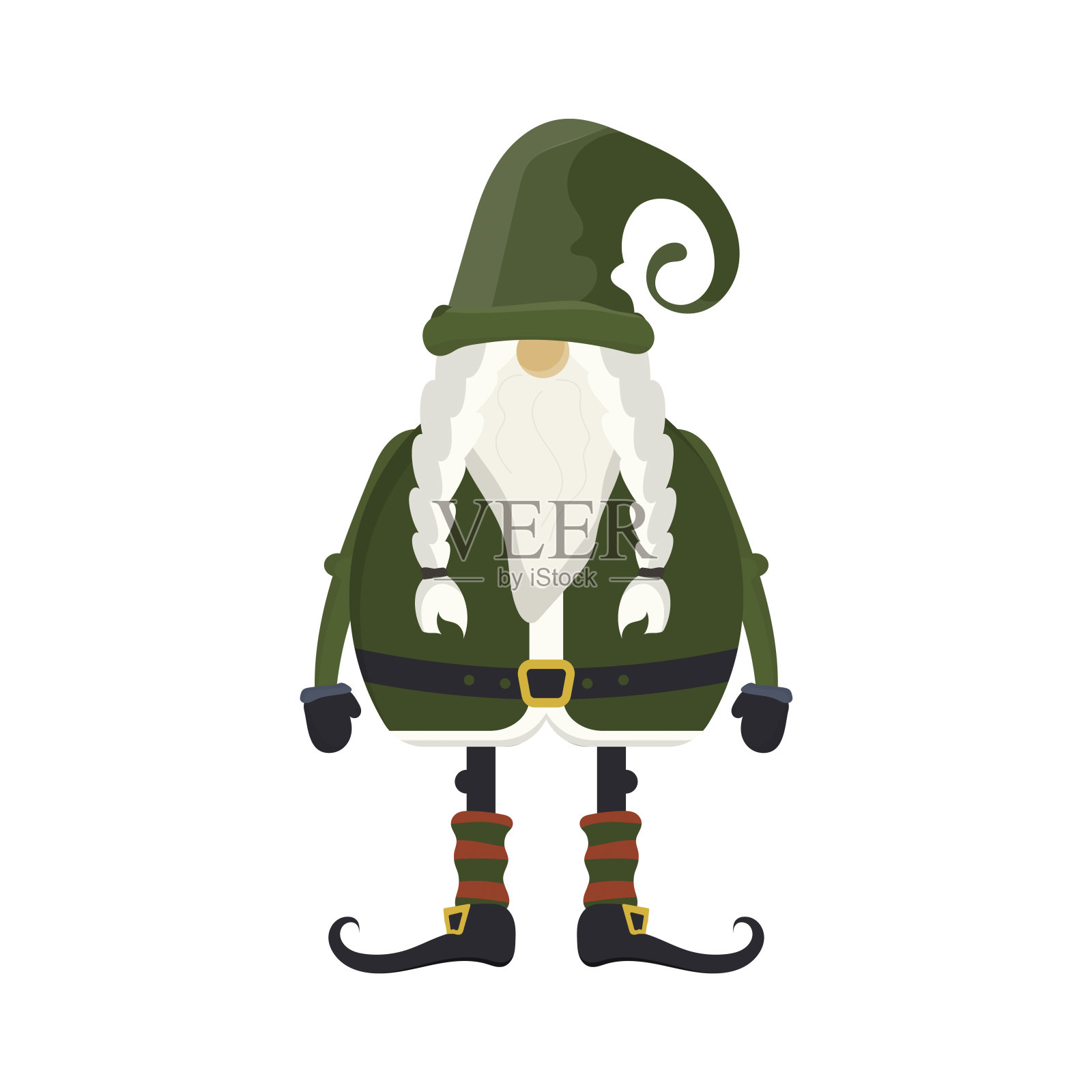 一个穿绿衣服的小矮人，留着长长的白胡子，扎着辫子。向量。设计元素图片