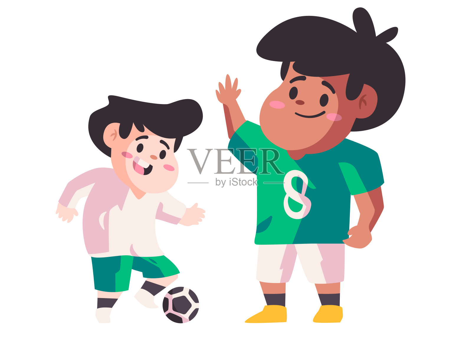 父亲和儿子踢足球或足球学习如何踢平颜色孤立的背景矢量插图插画图片素材