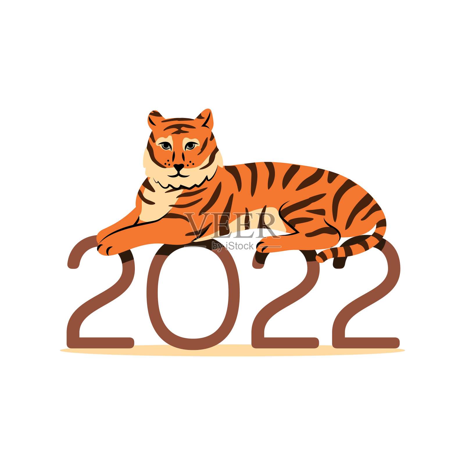 2022年新年快乐，虎年。新年快乐，可爱的老虎躺在数字2022。插画图片素材
