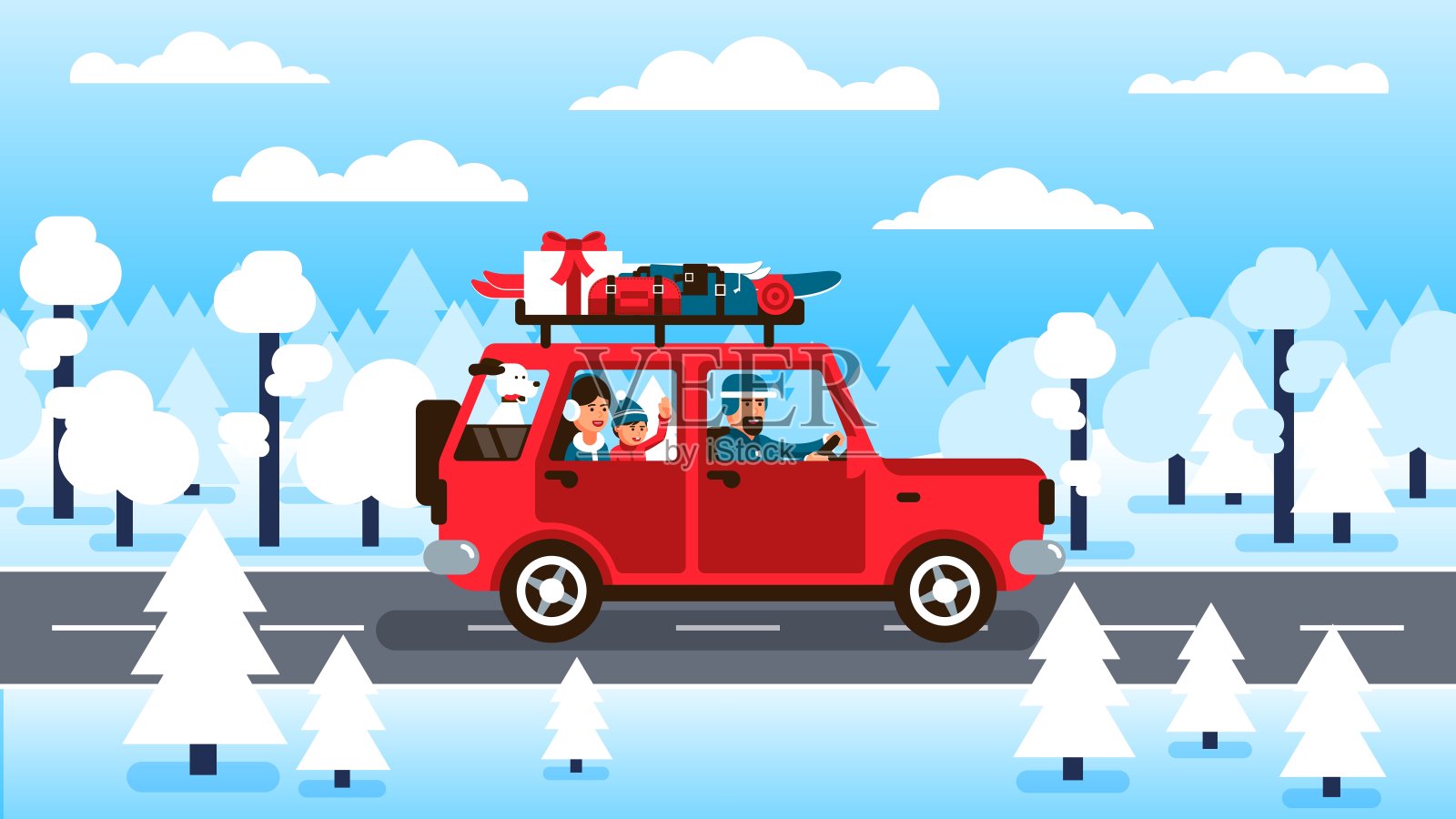 在寒假里，一家人沿着森林公路开车插画图片素材
