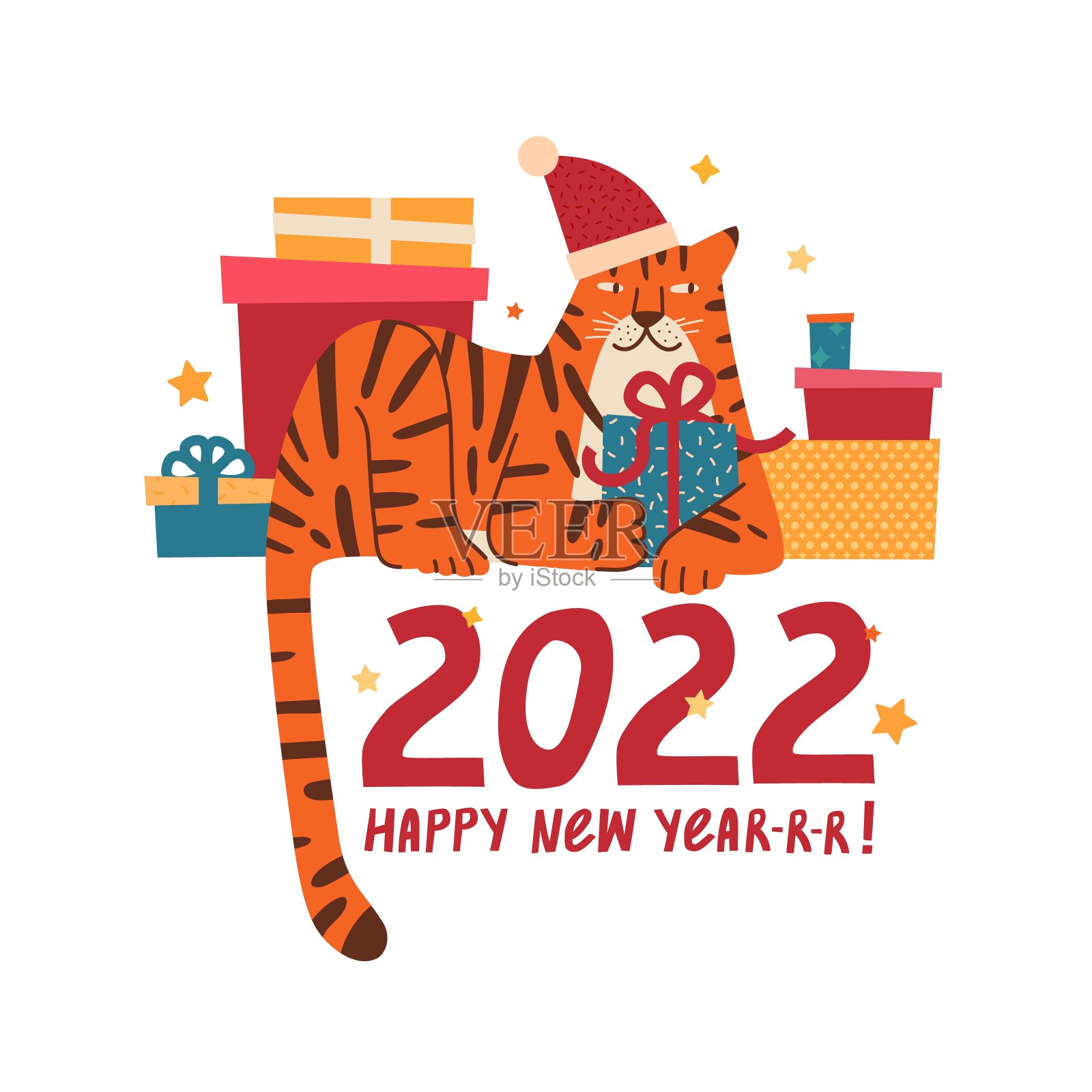 可爱的圣诞老虎插图。戴着圣诞帽的老虎带着礼物。象征2022年新年明信片。向量插画图片素材