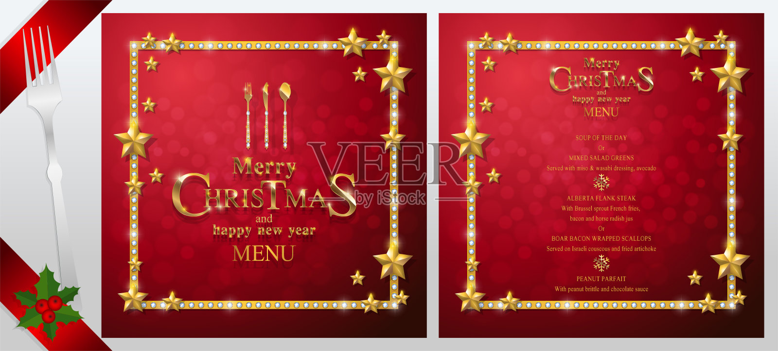 圣诞和新年快乐菜单与黄金图案和水晶纸颜色。插画图片素材