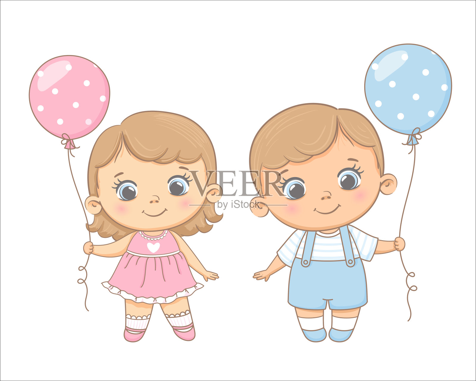 可爱的女孩和男孩手里拿着气球。矢量插图的卡通。插画图片素材