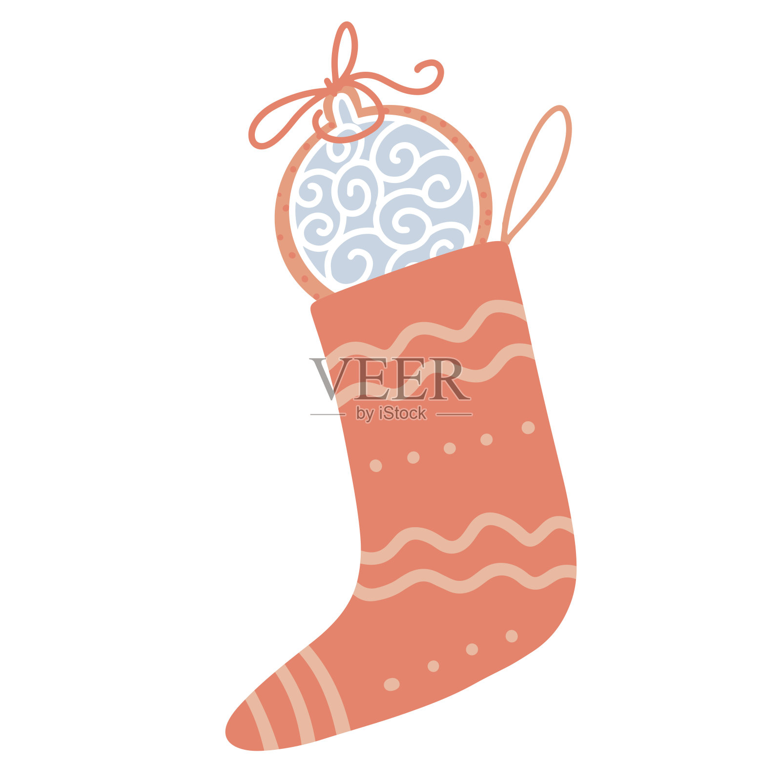 圣诞彩色袜子里面有姜饼饼干。红色条纹的袜子里。孤立的剪纸艺术元素的设计。矢量平面插图。只有5种颜色-容易重新着色。插画图片素材