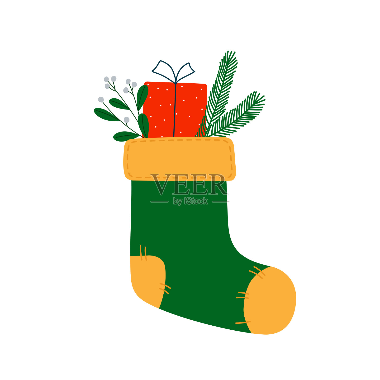 绿色和黄色的圣诞袜子与礼品盒，槲寄生和枞树的树枝插画图片素材
