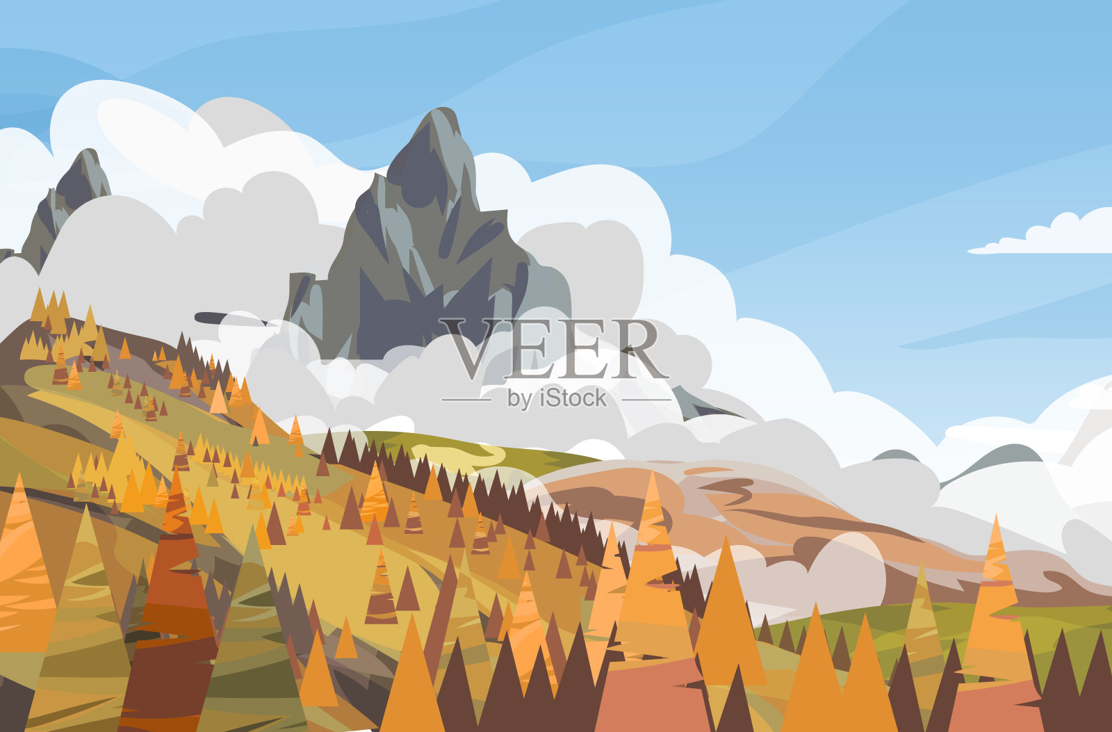 深山秋季矢量景观以蓝天多云为背景。向量设计说明为网页设计发展，自然景观图形。插画图片素材