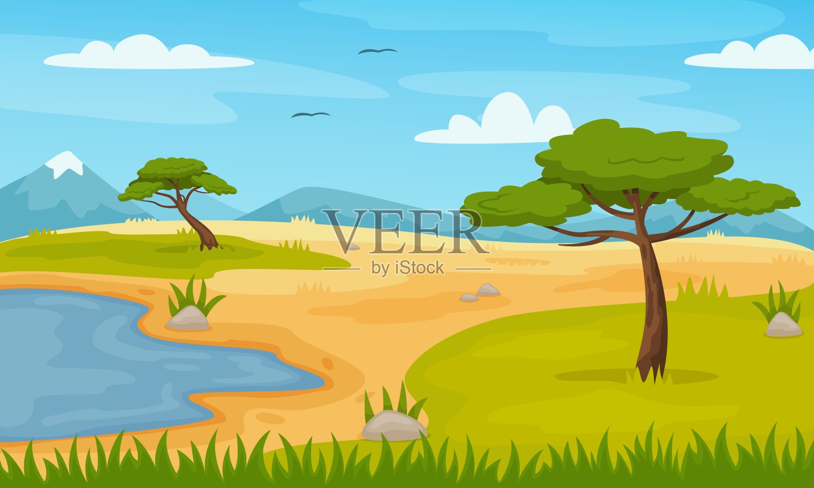卡通画中的非洲大草原上的树木和山脉。全景游猎场场景，动物园或公园草原自然矢量插图插画图片素材