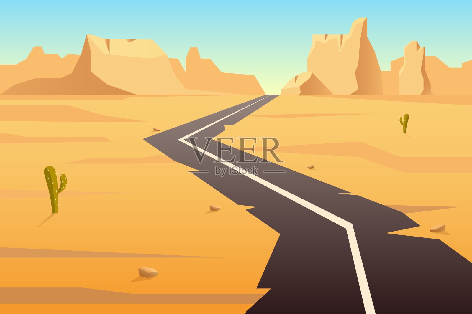 沙漠中蜿蜒的公路。古老的柏油路穿过长满仙人掌的黄沙插画图片素材