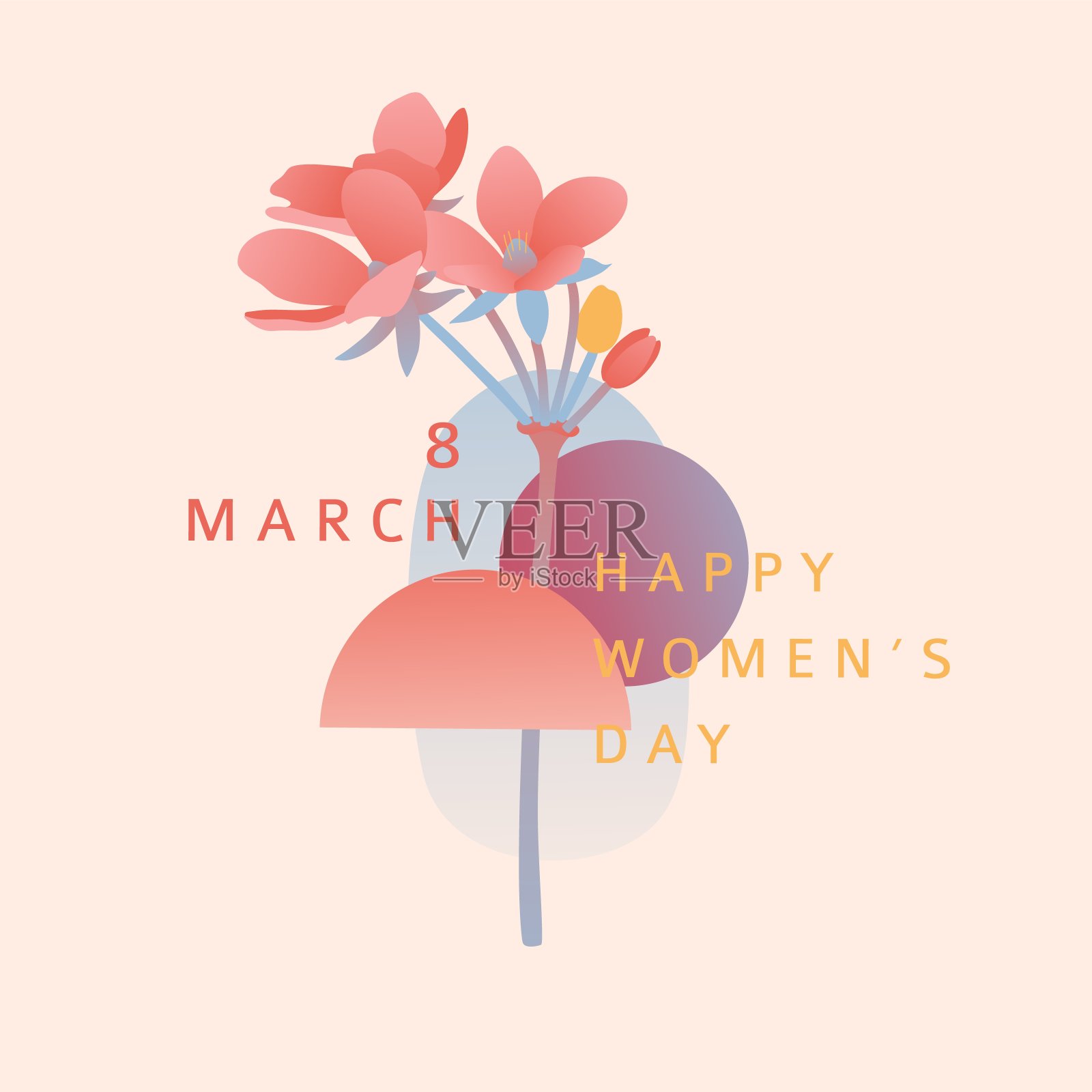 国际妇女节的现代旗帜。3月8日的传单与装饰的花和抽象的形状。以极简主义风格邀请春天的植物，叶子，几何形状。向量插画图片素材