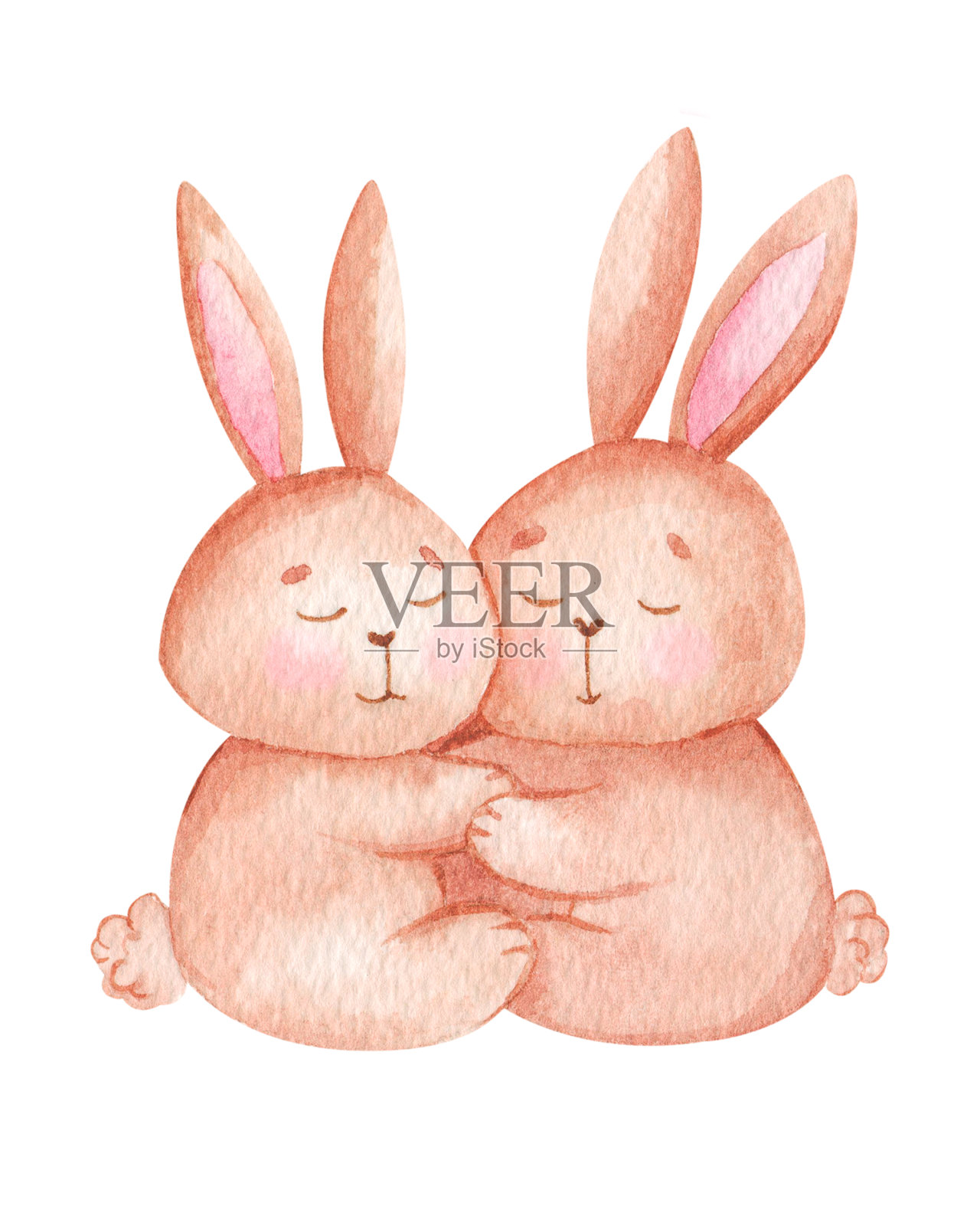 可爱的水彩插图与两只兔子拥抱孤立在白色背景。被迷住的兔子抓住它们的爪子，在它们的嘴巴上脸红。情人节的照片。设计元素图片