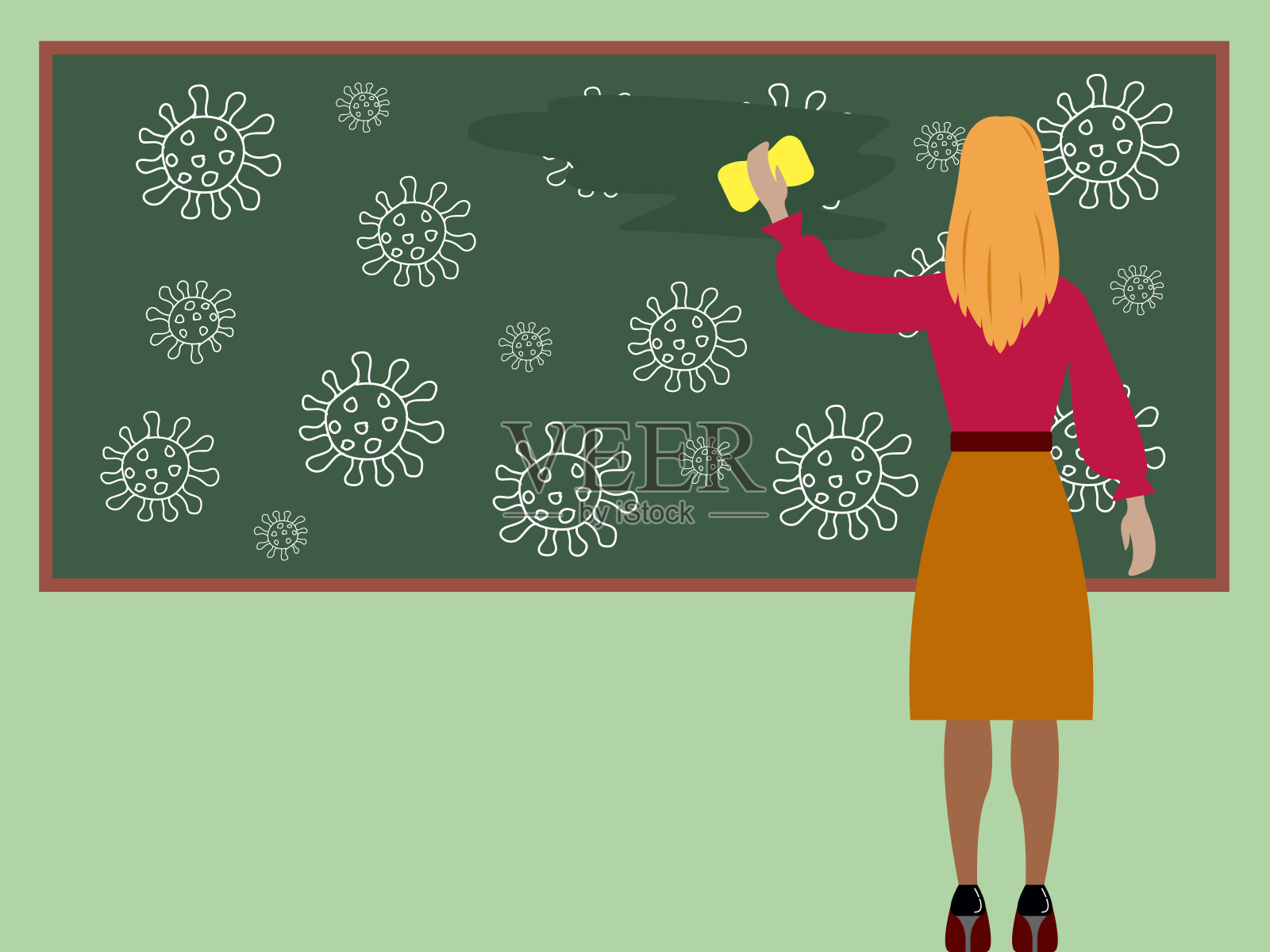 老师擦掉黑板上用粉笔画出的冠状病毒分子插画图片素材