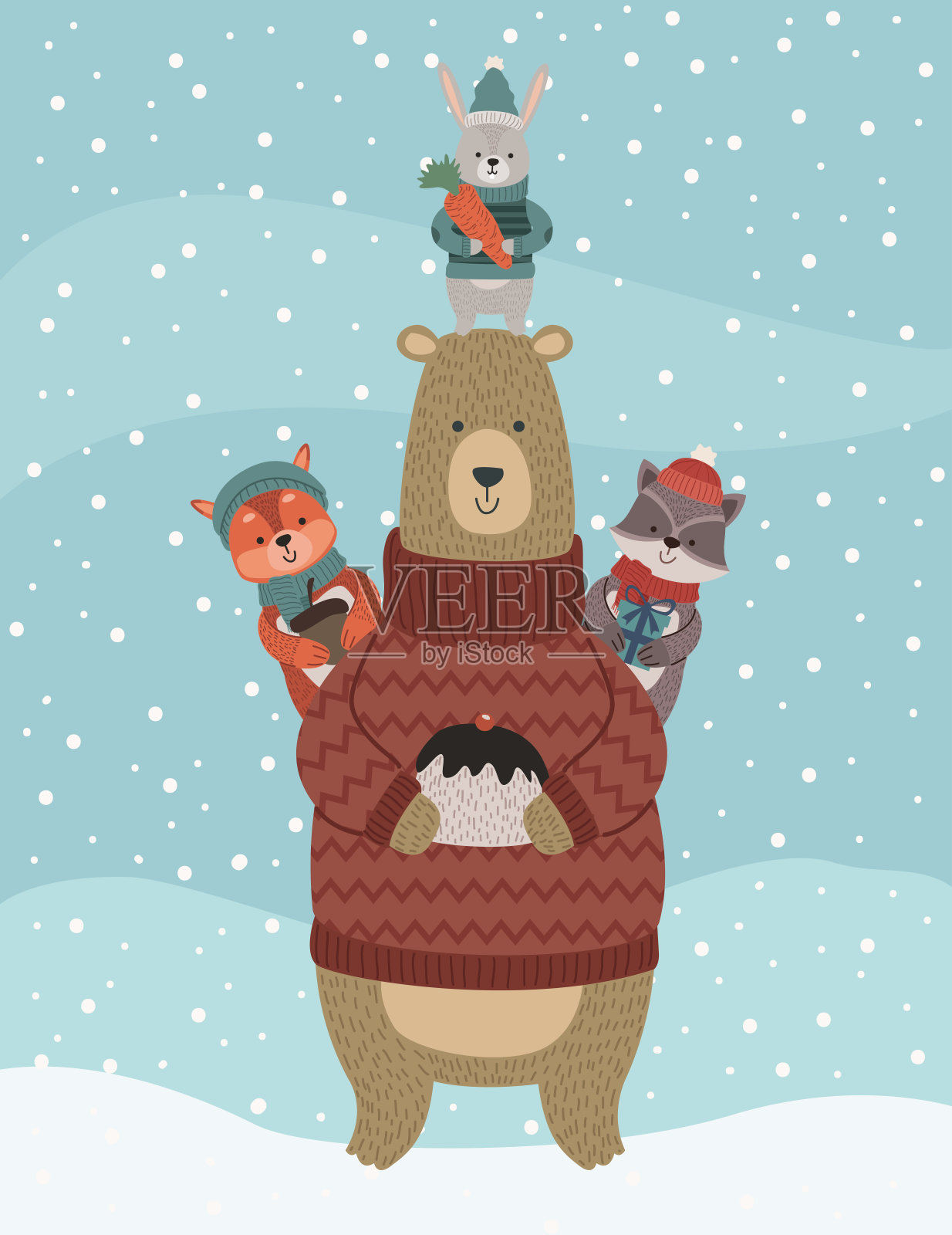 穿着冬衣的动物在雪景中嬉戏插画图片素材