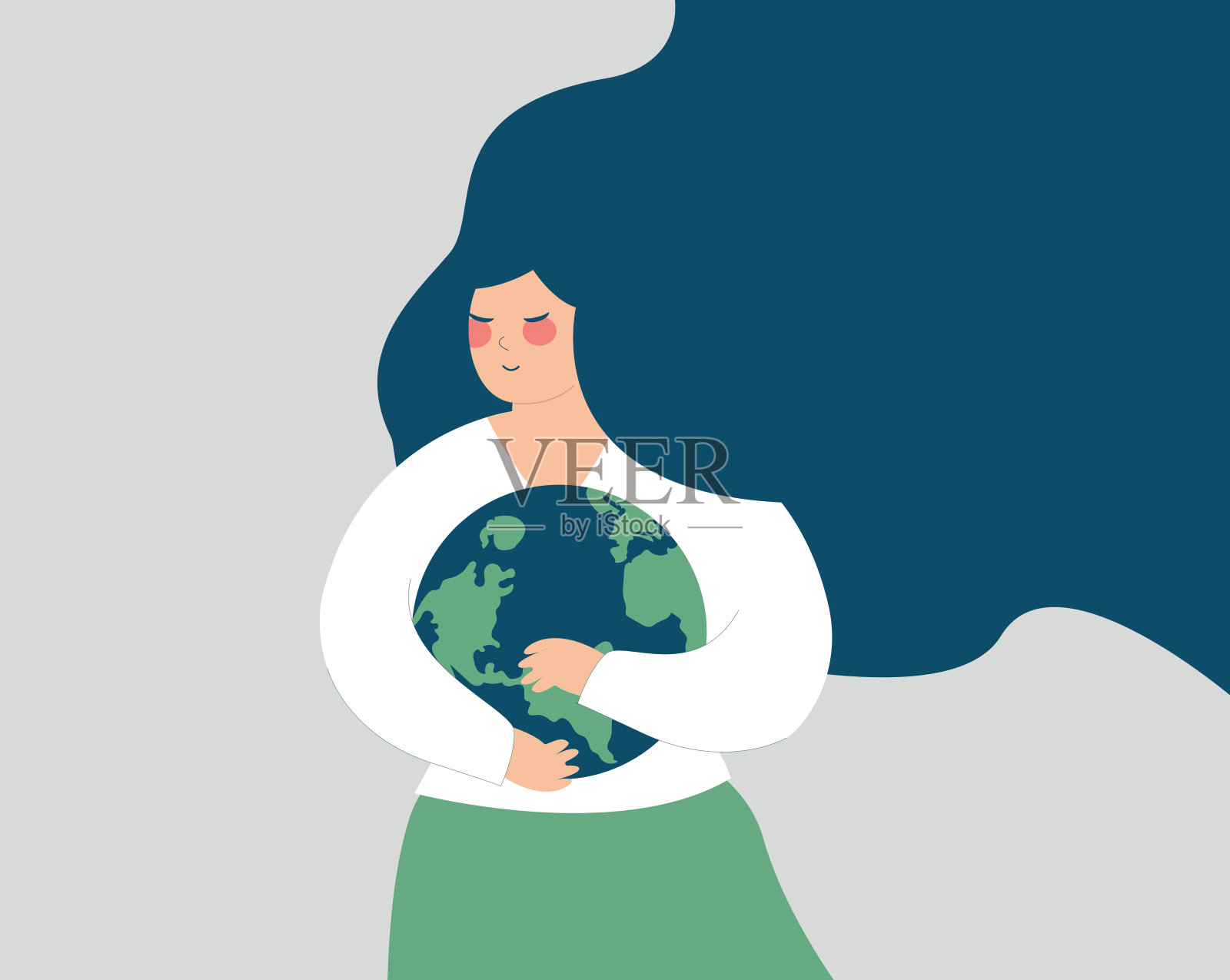 成年女人小心翼翼地拥抱地球。年轻的女性用爱拥抱绿色的盘子。矢量插图。插画图片素材