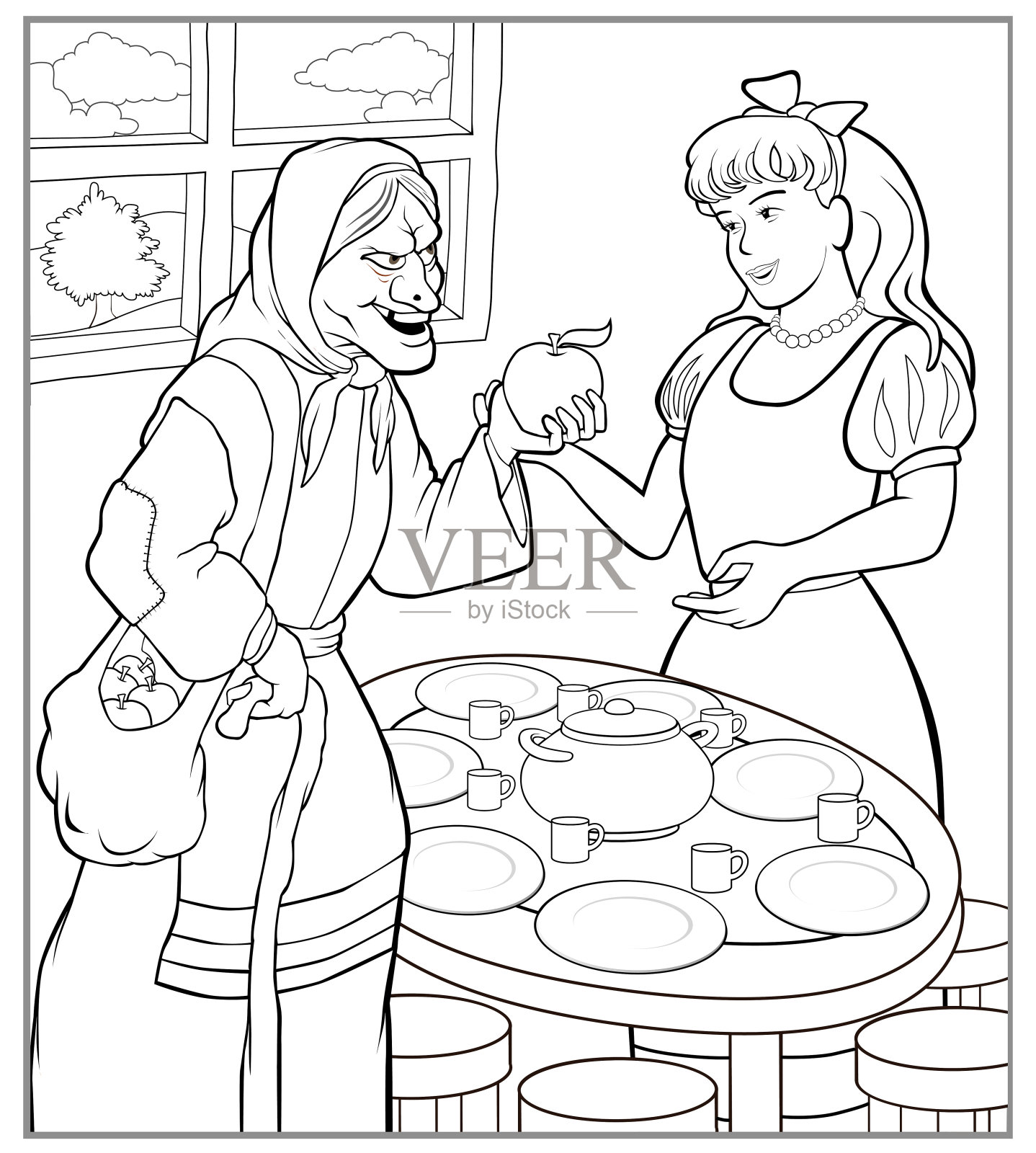 白雪公主和老巫婆拿着苹果图画书插画图片素材