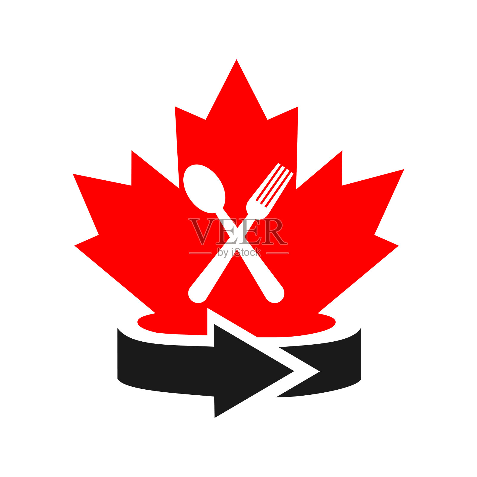 枫叶标志设计。加拿大餐馆的标志。红色枫叶与叉子和勺子向量设计元素图片