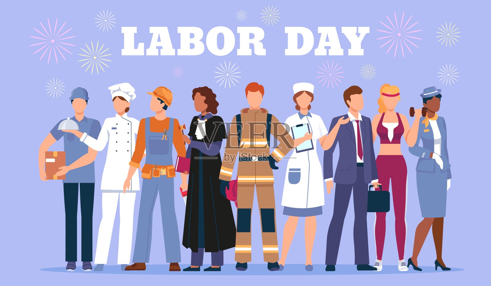 劳动节快乐海报贴着穿着职业制服的工人们。国际工作工作假期。多种字符员工矢量横幅设计模板素材