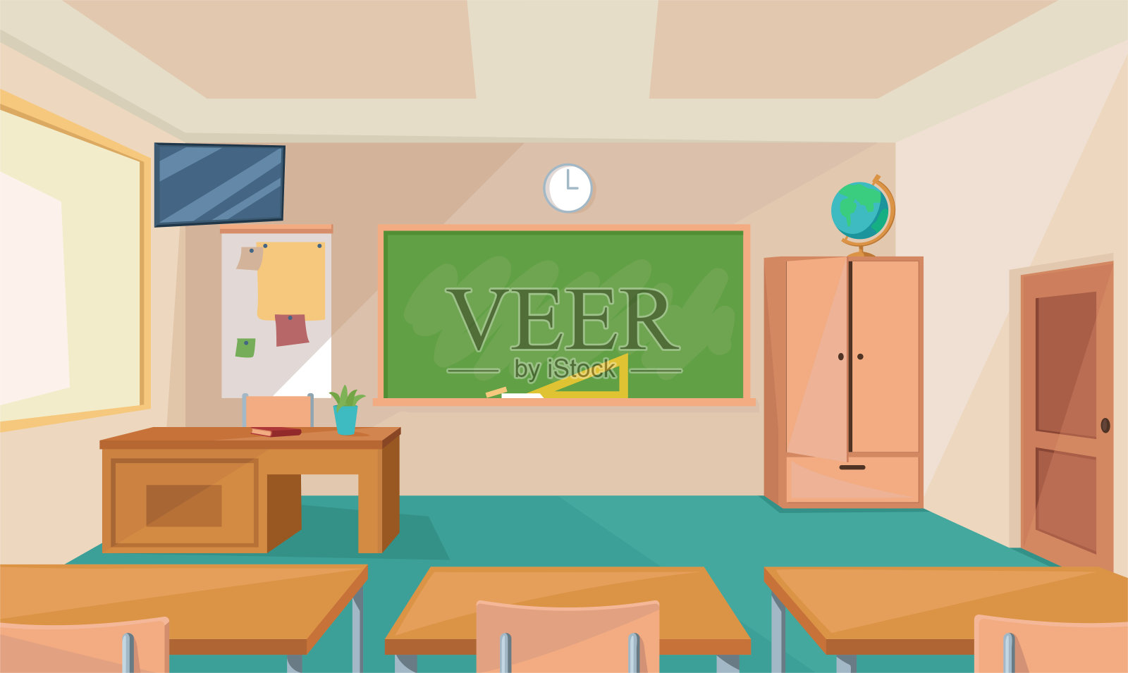 现代教室室内背景。空荡荡的学校教室里有椅子、桌子、衣柜、黑板、地球仪、电视、卡通风格的门窗。插画图片素材