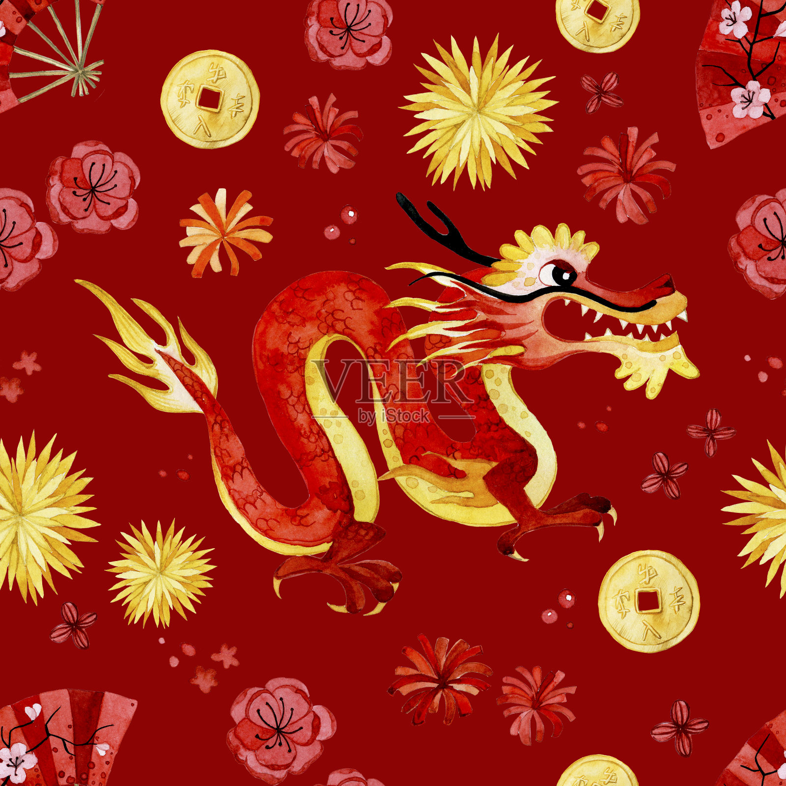无缝的水彩模式。中国新年。红色的龙金色的烟花，红色的花在红色的背景上。插画图片素材