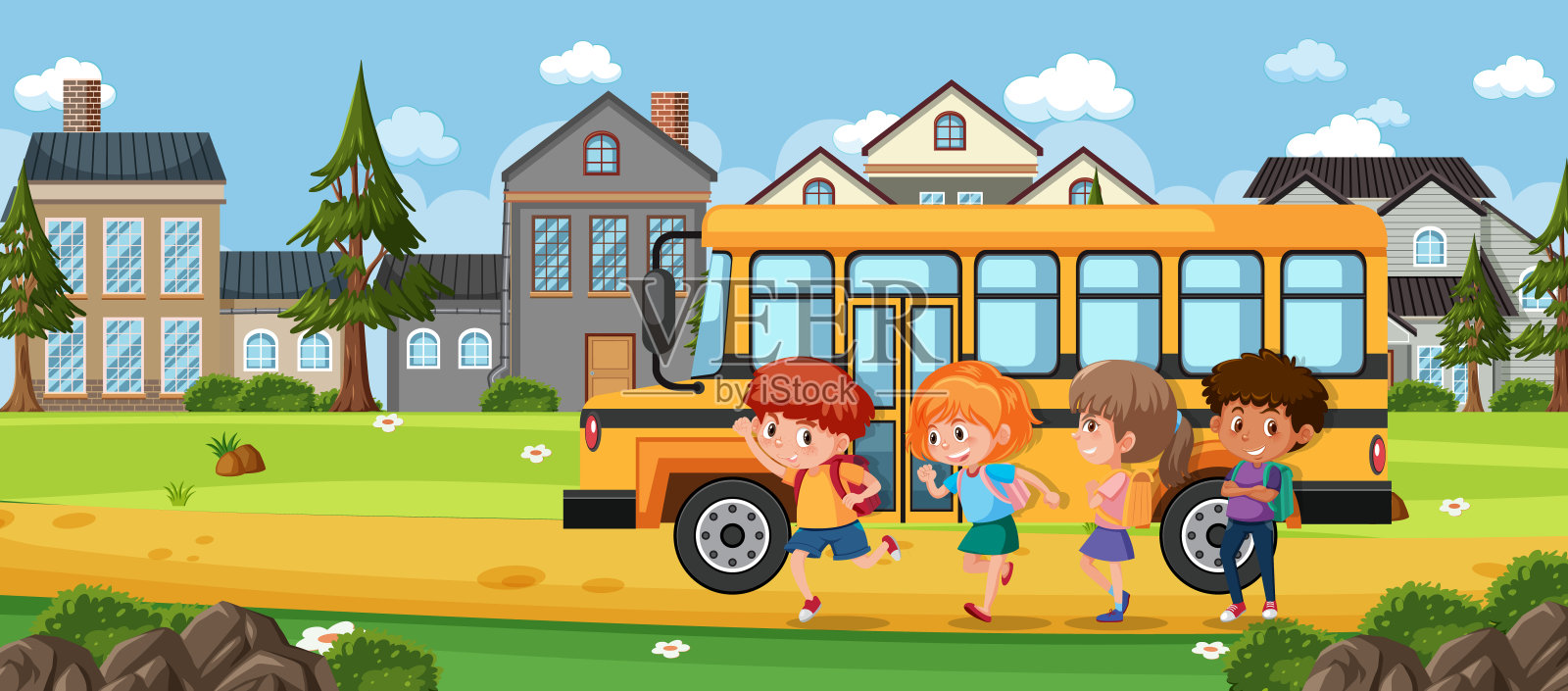 孩子们乘公共汽车去上学插画图片素材