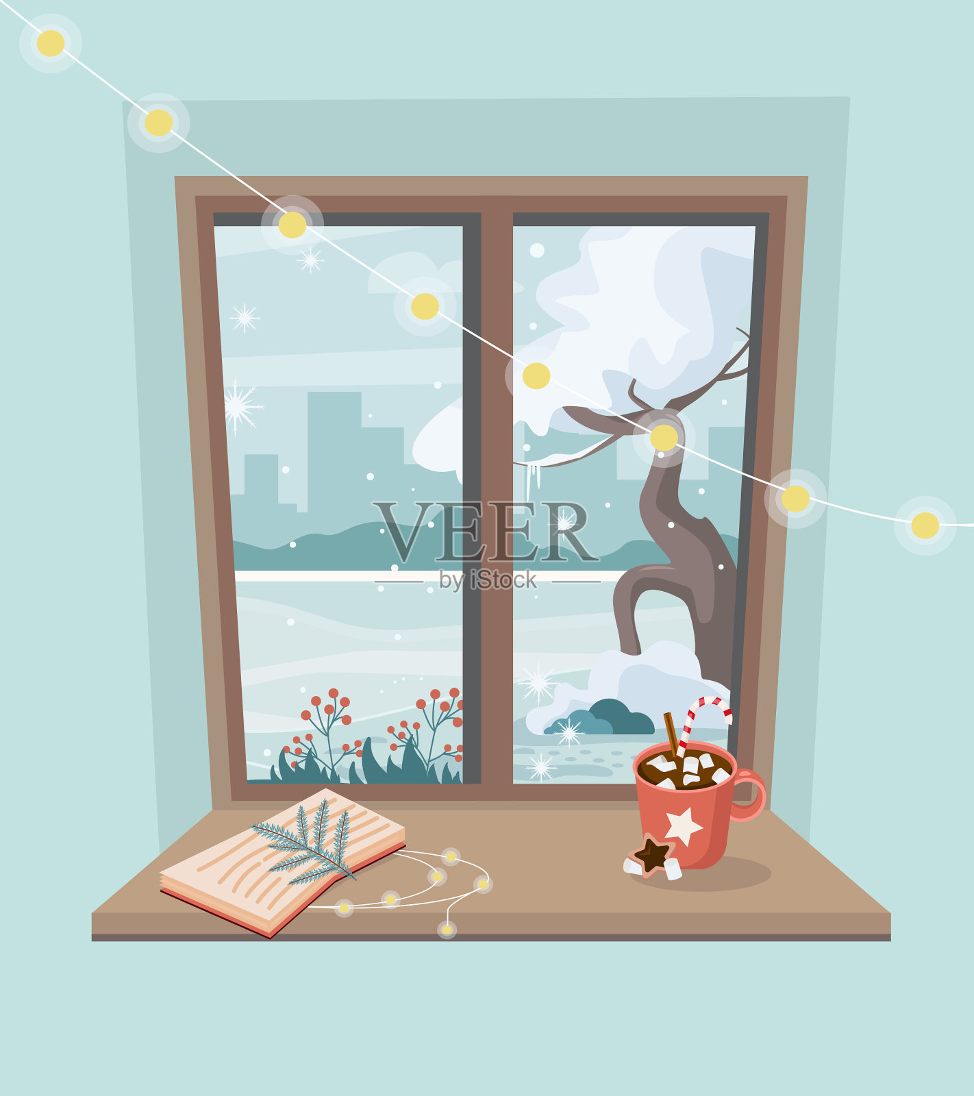 冬天的窗户上有一本书和一个红色的杯子插画图片素材