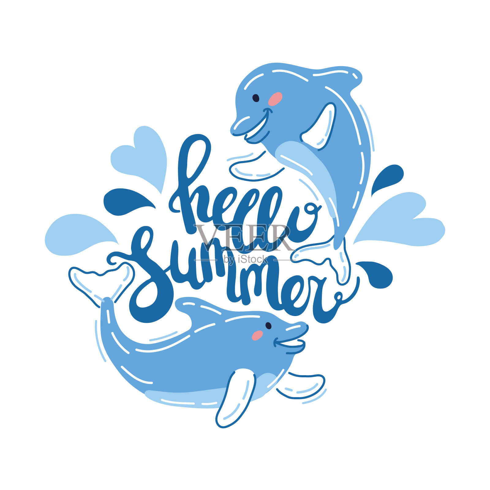 可爱的海豚插图与你好夏天短语设计元素图片