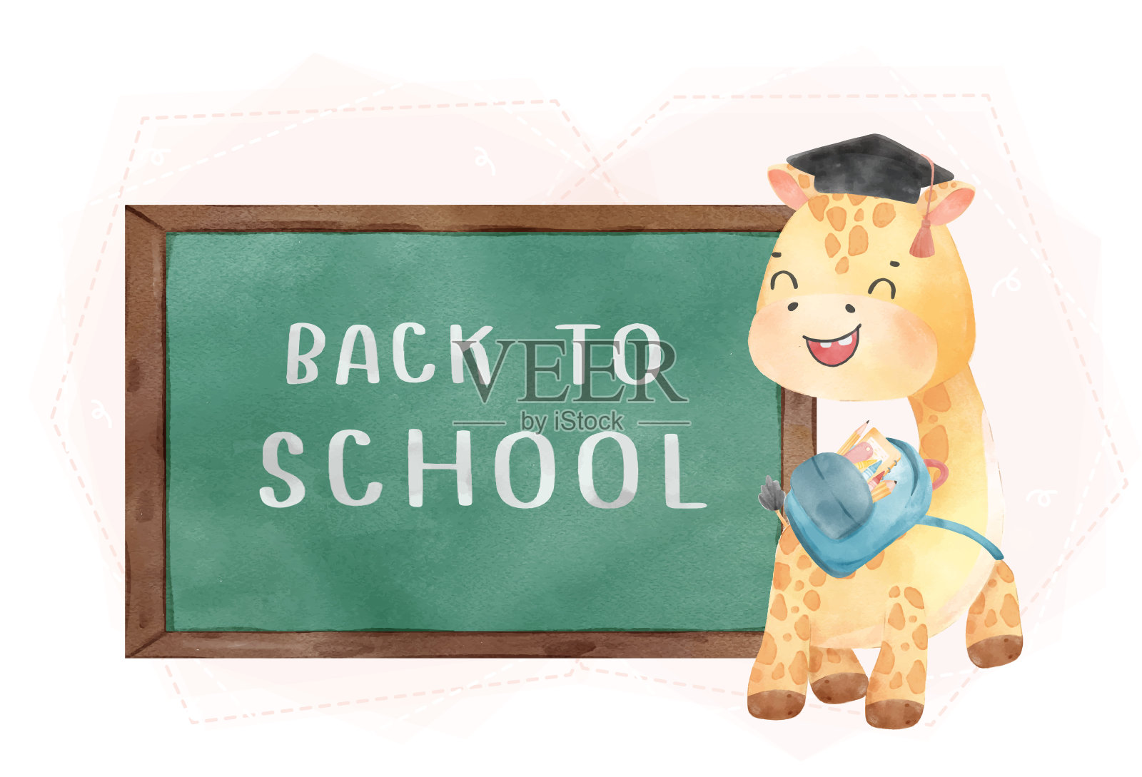 可爱的水彩快乐孩子长颈鹿与双肩包和黑板，回到学校卡通动物野生动物水彩矢量设计元素图片