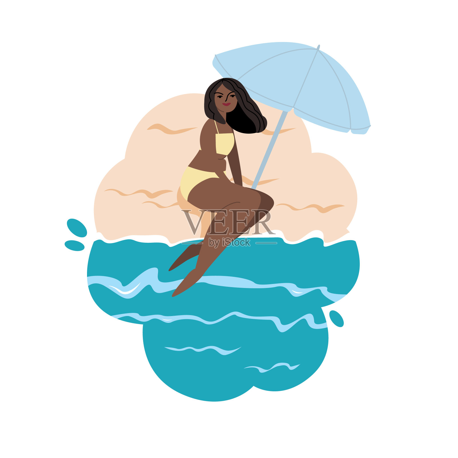 一个年轻的女孩坐在海滩上。休闲度假的卡通女性角色。喜欢炎热的夏天。平面矢量手绘插图。所有元素都是隔离的。插画图片素材