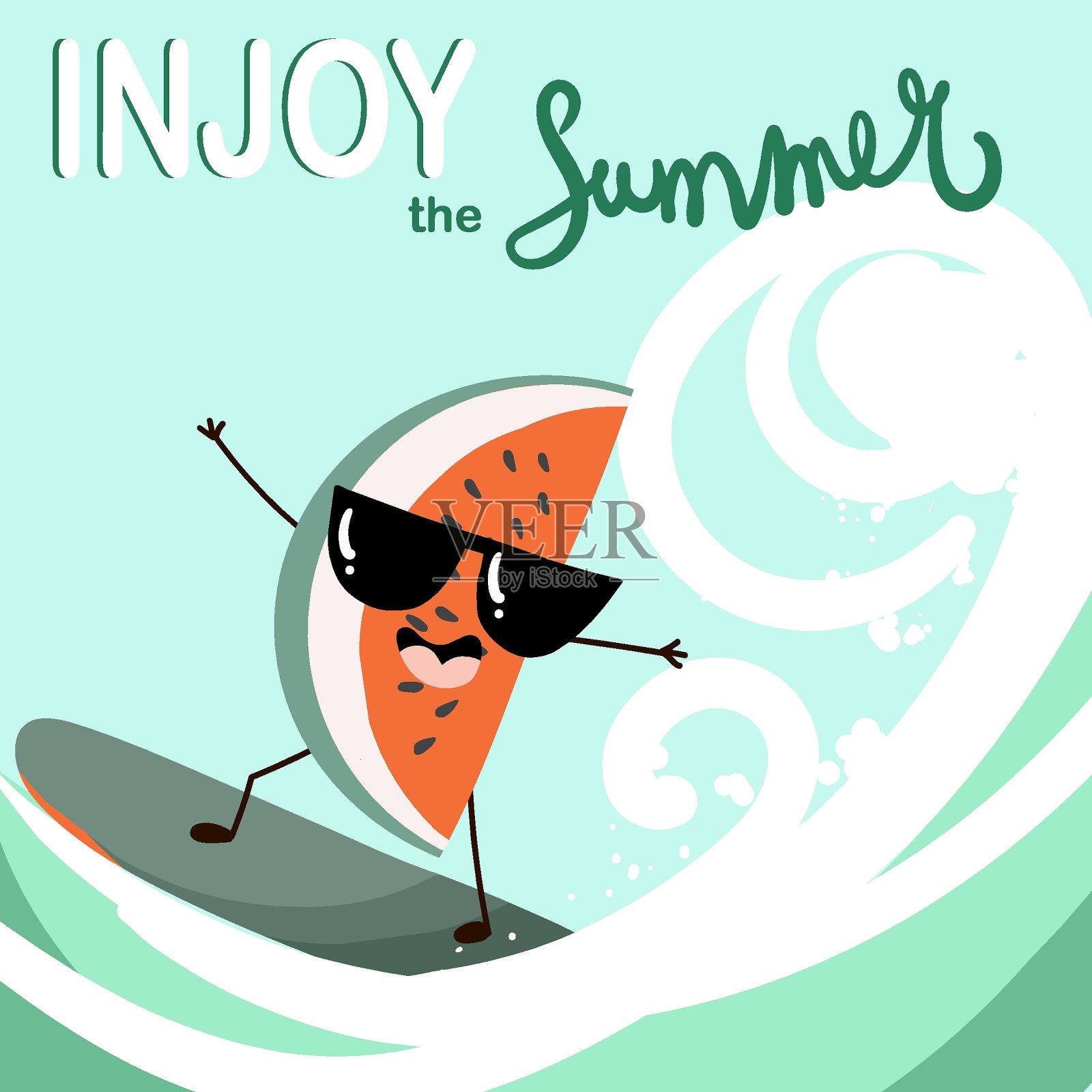 矢量插图的一个可爱的，滑稽的，卡通人物的西瓜片，冲浪板上的波浪，夏天的时间，夏天的氛围。题字盛夏。插画图片素材