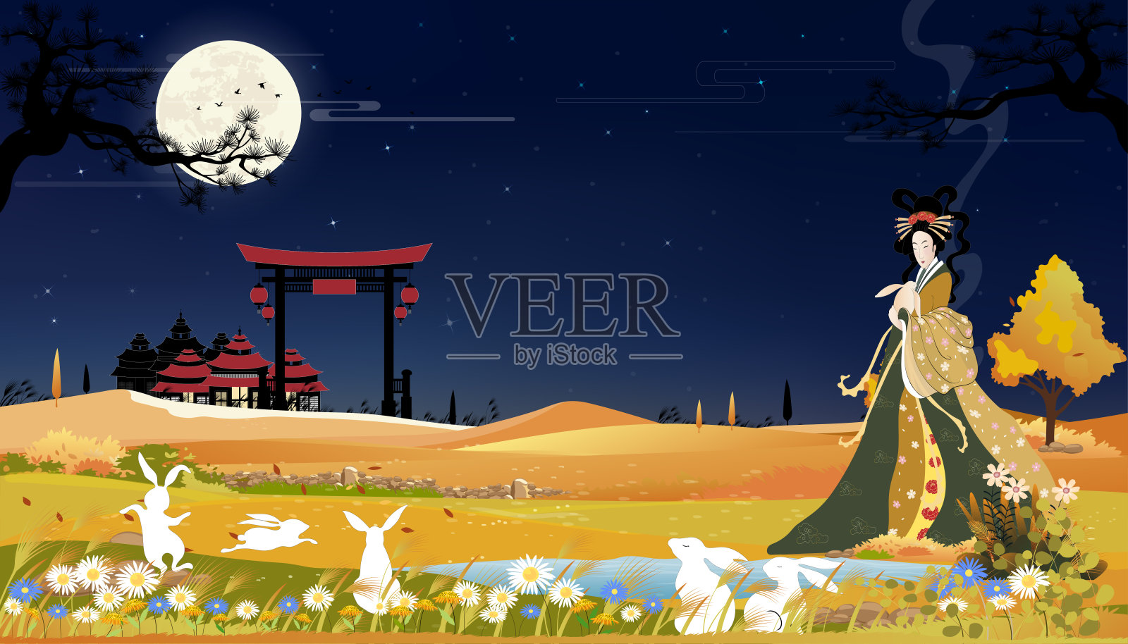 中秋旗帜与美丽的嫦娥抱着玉兔与满月在晚上，矢量插图卡通中秋节与中国的月亮女神和白兔插画图片素材