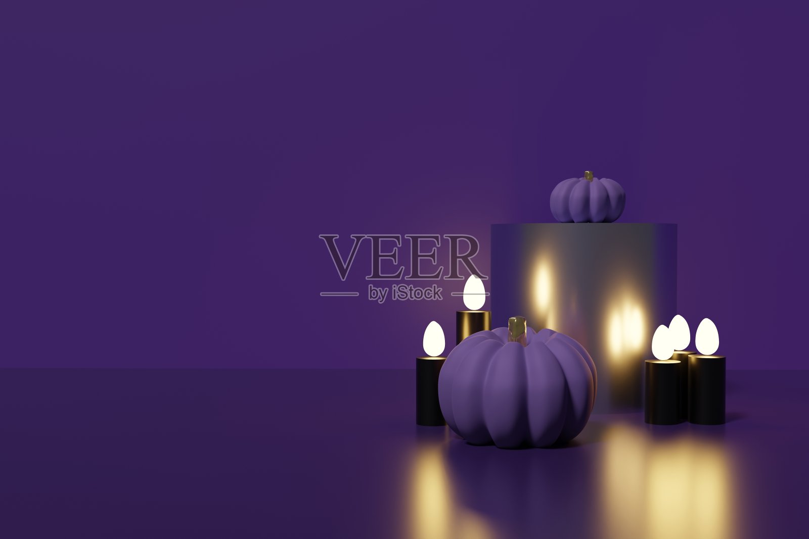 3d渲染紫色讲台上的深紫色背景与黑色蜡烛和南瓜为你的万圣节照片摄影图片