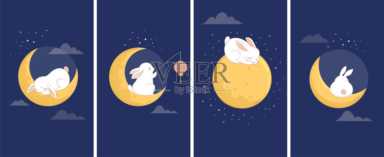 中秋节概念故事设计与可爱的兔子，小兔子和月亮插图。中国、韩国、亚洲的中秋节庆祝活动插画图片素材