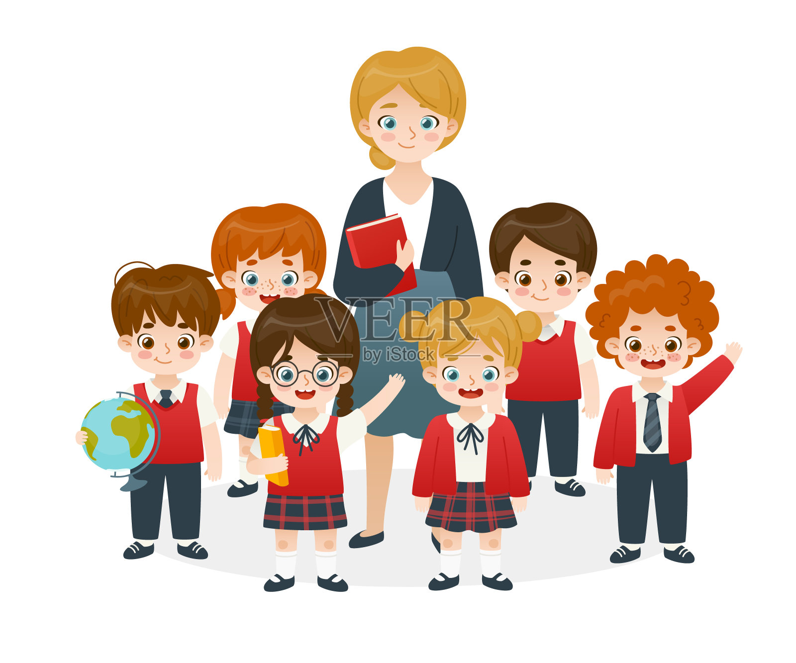 穿着校服的学生和老师站在一起。卡通小学生群体多样化。穿着校服的可爱同学。插画图片素材