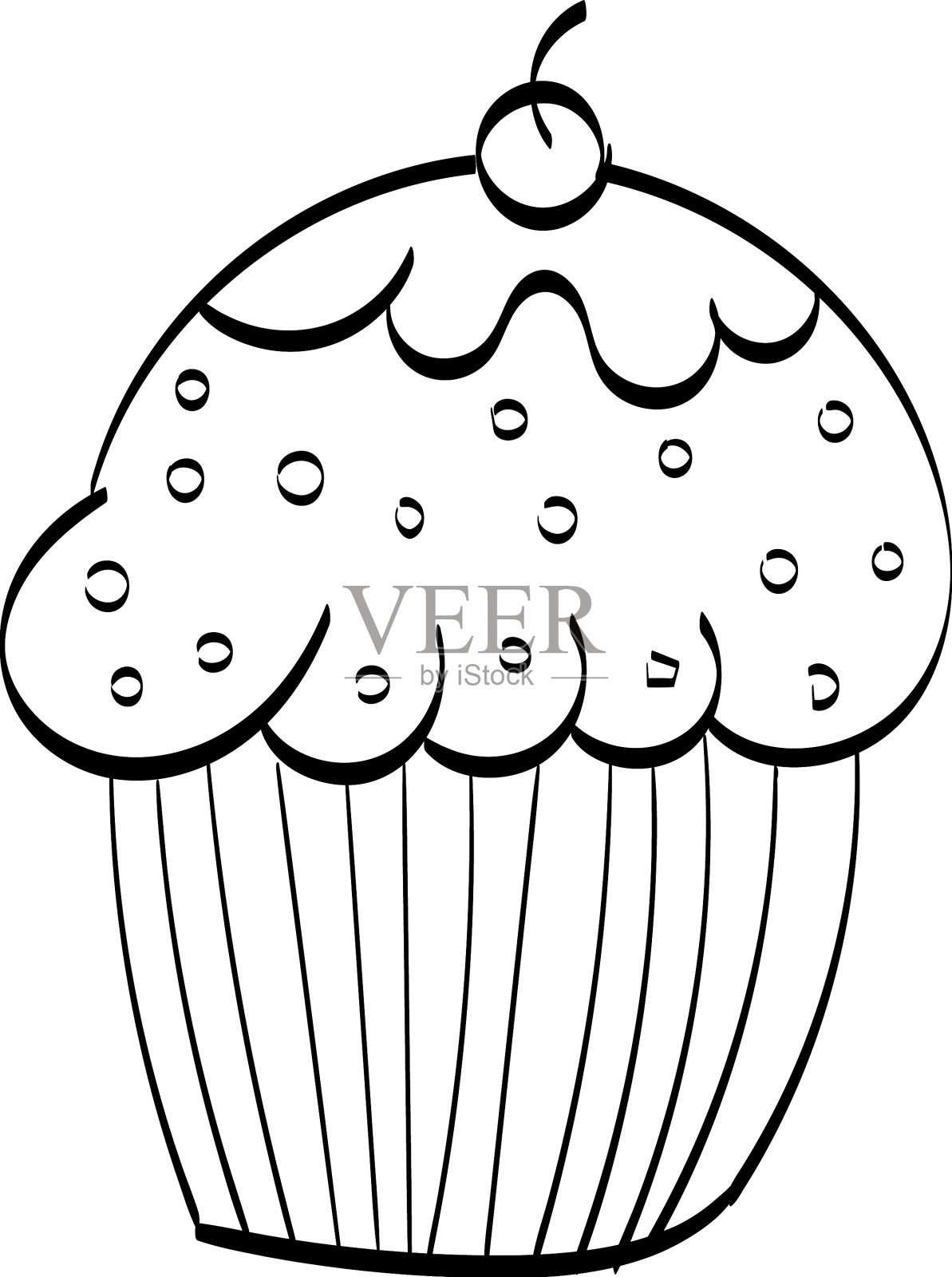 茶点用的一套黑白纸杯蛋糕，樱桃和草莓装饰的纸杯蛋糕插画图片素材_ID:412120831-Veer图库