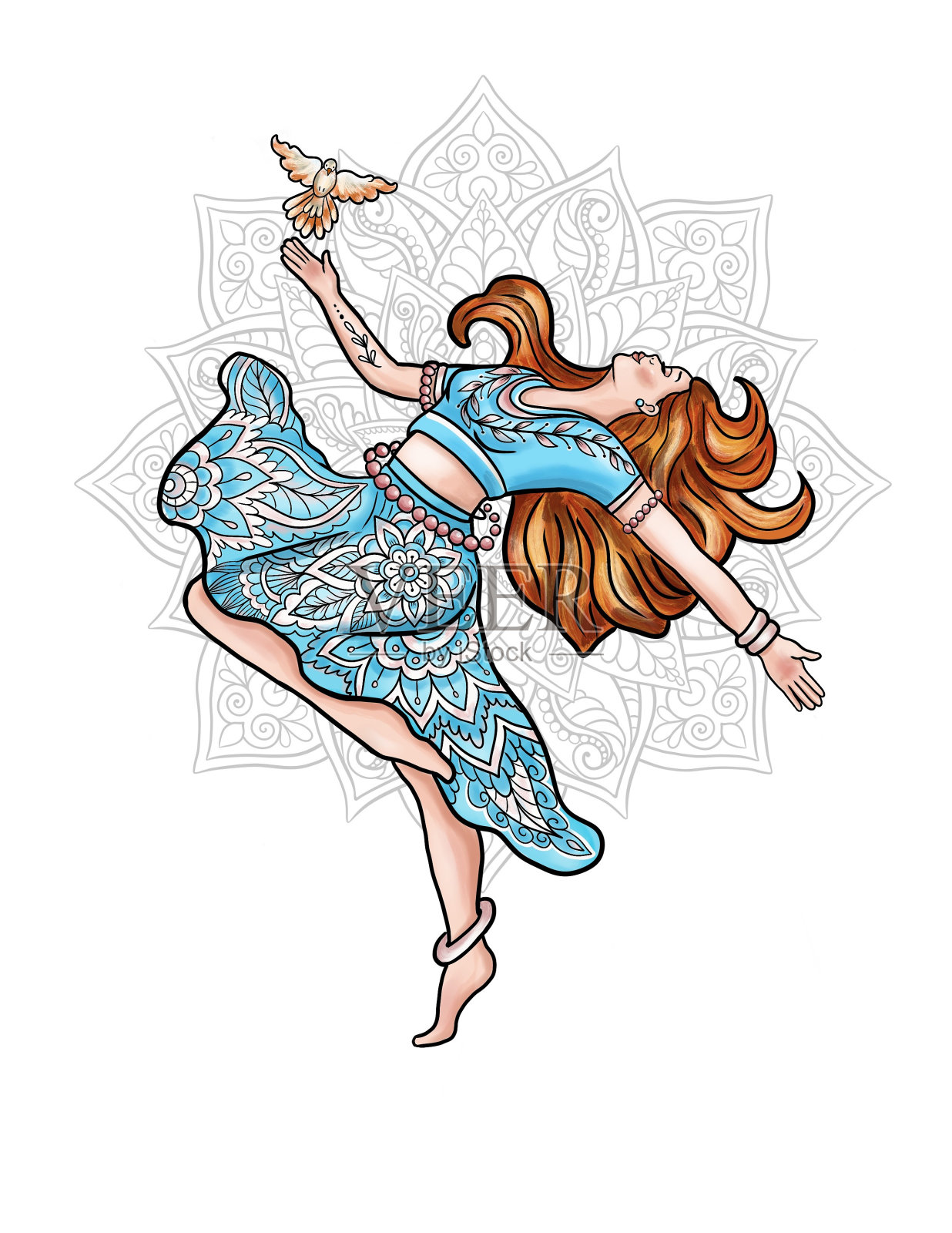 带有装饰性曼荼罗背景的舞蹈女子插画图片素材