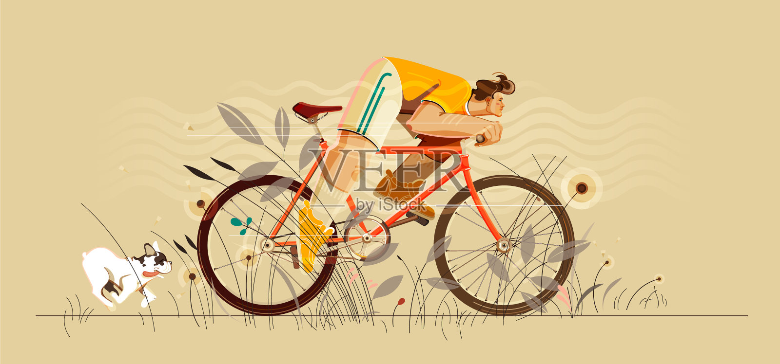 男人骑着自行车穿过高高的草丛，狗在奔跑插画图片素材